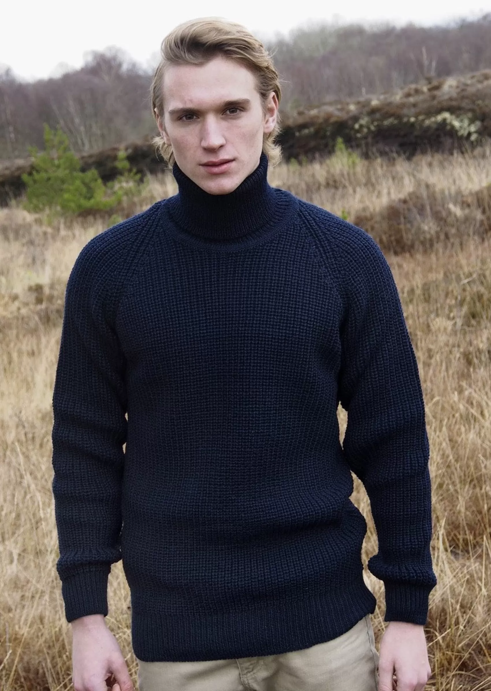 Aran Sweaters^Aran Crafts Aran Rib Roll Neck Sweater | Navy