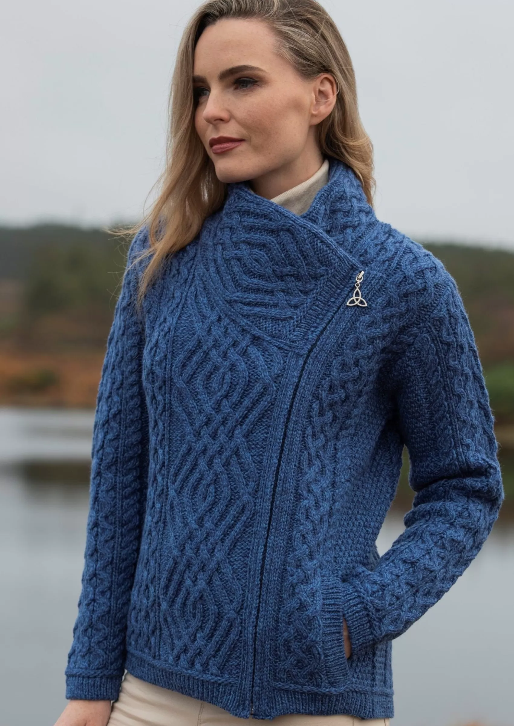 Aran Sweaters | Aran Cardigans^Aran Crafts Aran Shannon Side Zip Cardigan | Blue