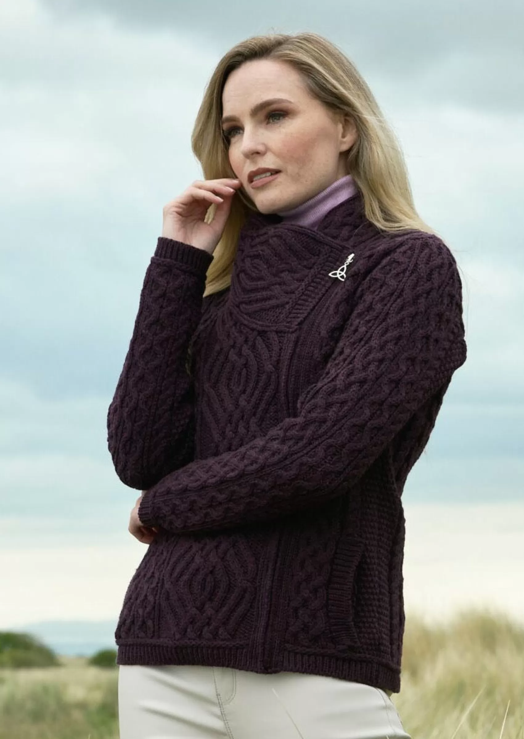 Aran Sweaters | Aran Cardigans^Aran Crafts Aran Shannon Side Zip Cardigan | Plum