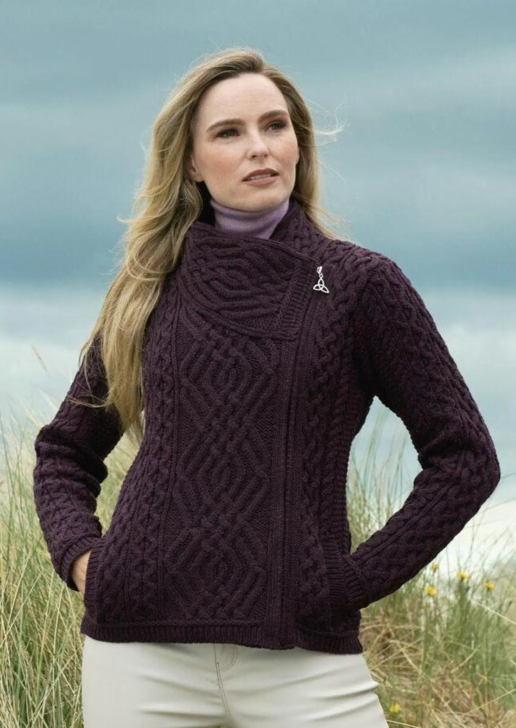 Aran Sweaters | Aran Cardigans^Aran Crafts Aran Shannon Side Zip Cardigan | Plum