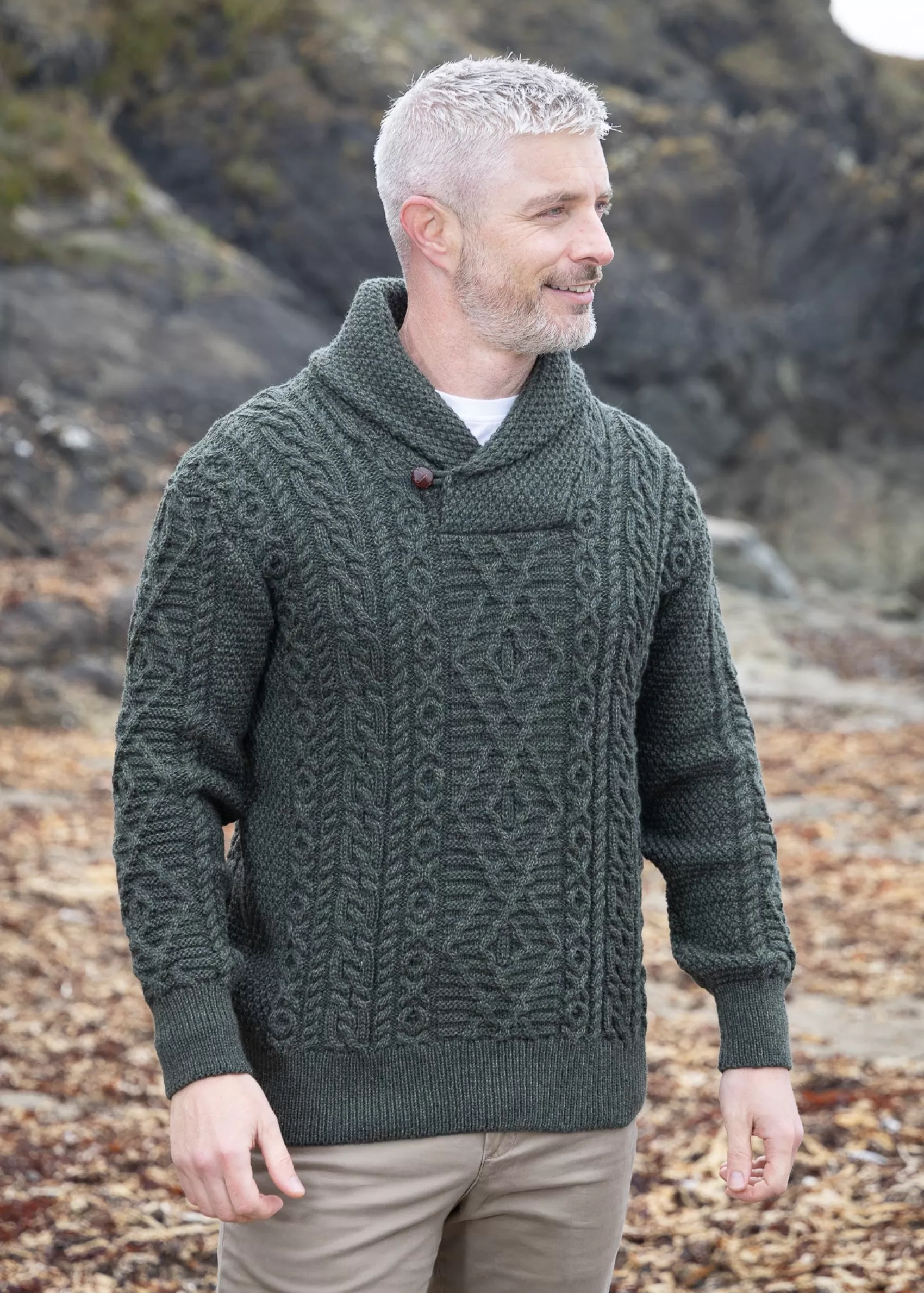 Aran Sweaters^Original Aran Company Aran Shawl Neck Army Green Sweater