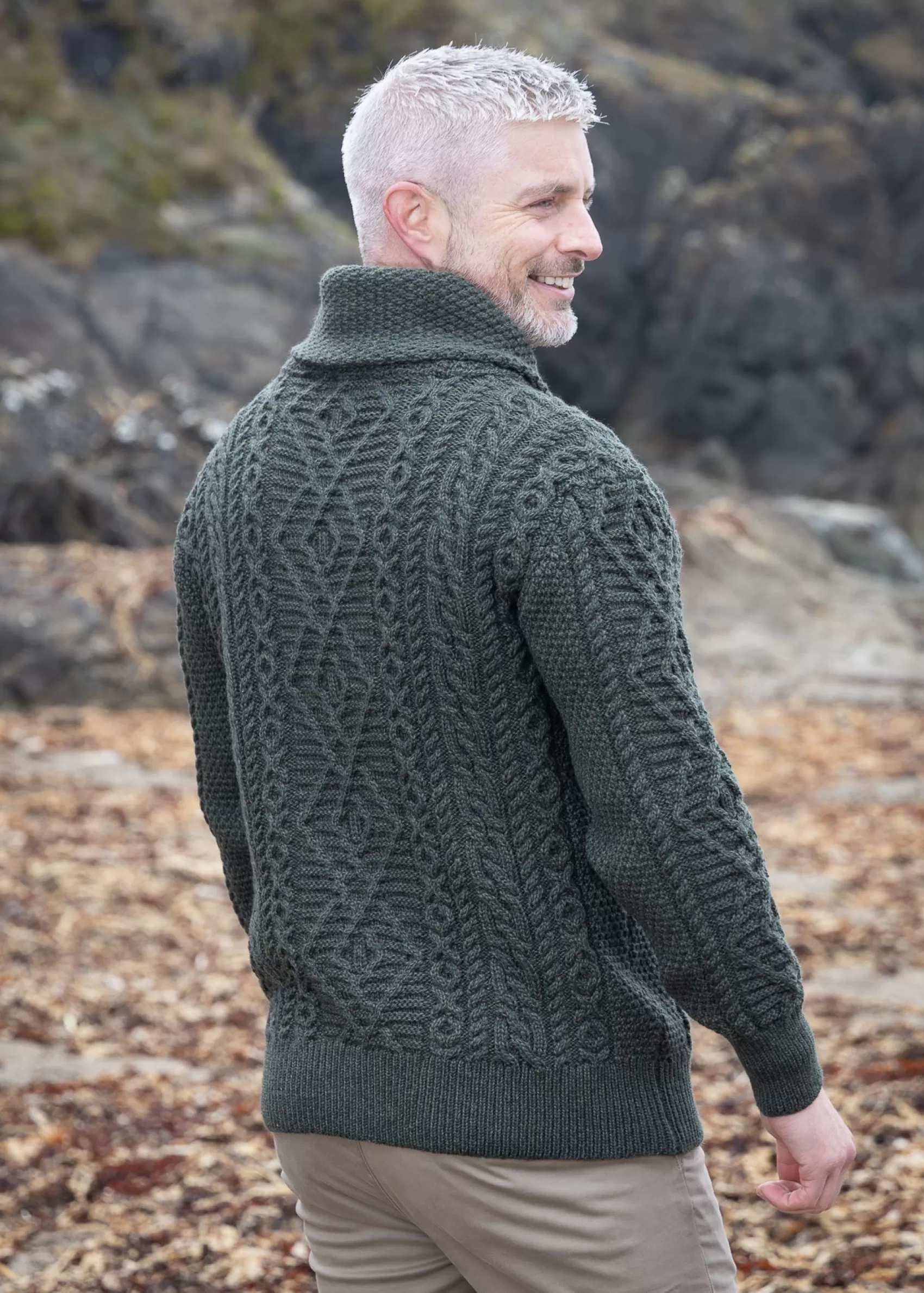 Aran Sweaters^Original Aran Company Aran Shawl Neck Army Green Sweater