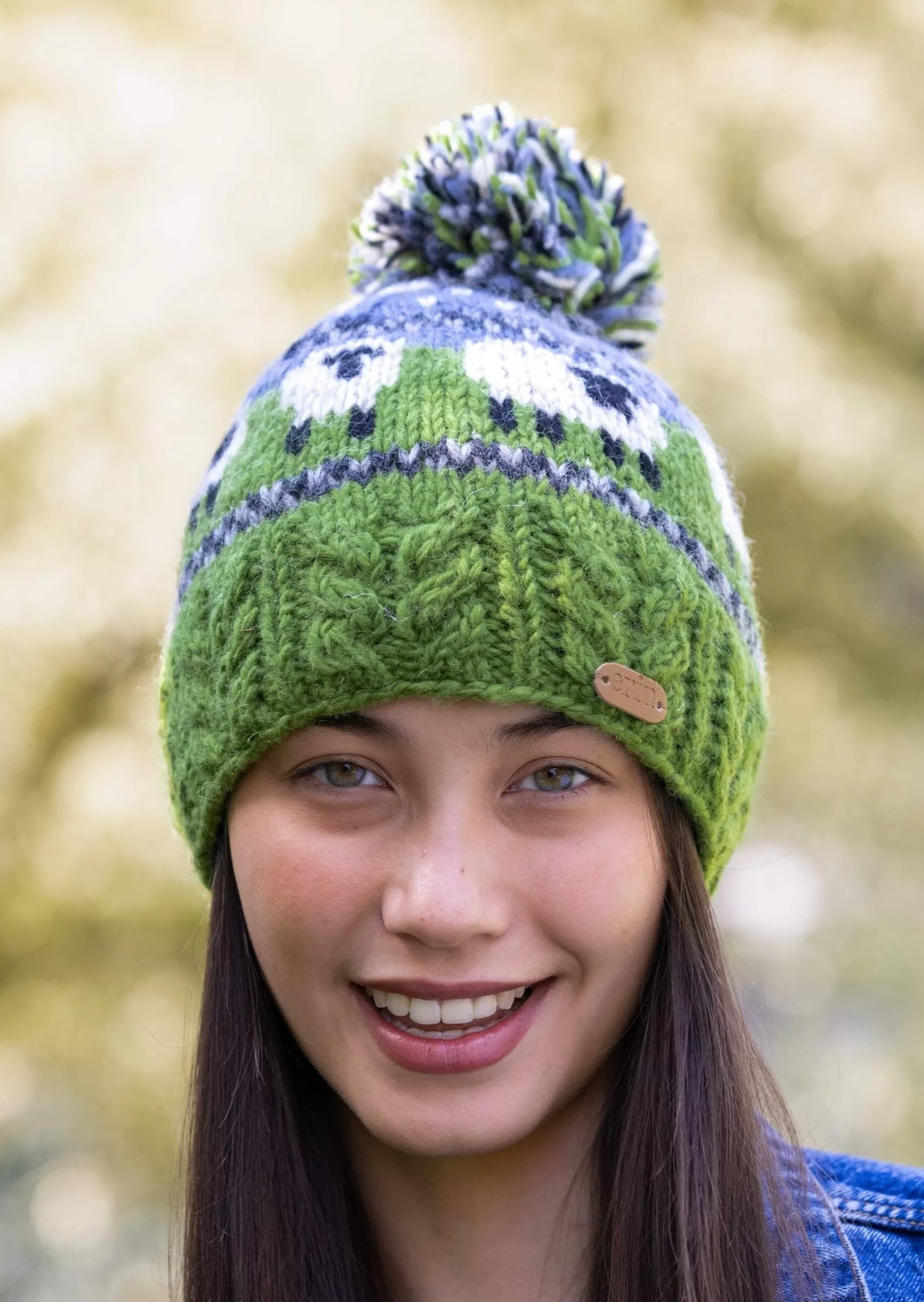 Hats & Caps^Erin Knitwear Aran Sheep Bobble Hat | Blue and Green