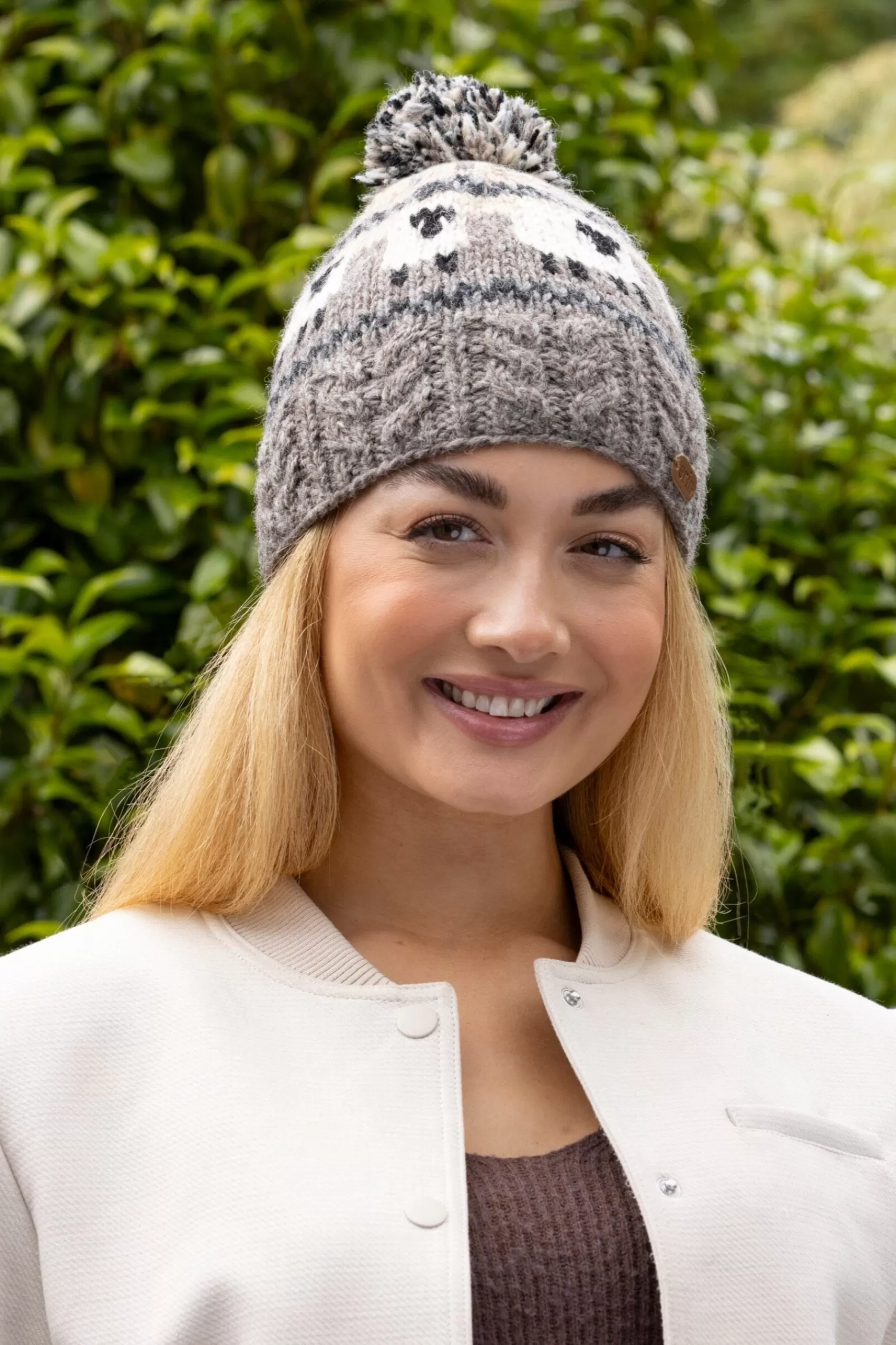 Hats & Caps^Erin Knitwear Aran Sheep Bobble Hat | Grey & Beige