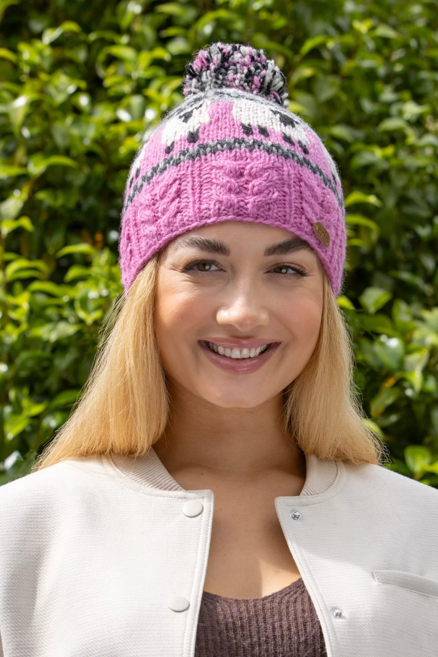 Hats & Caps^Erin Knitwear Aran Sheep Bobble Hat | Pink & Grey