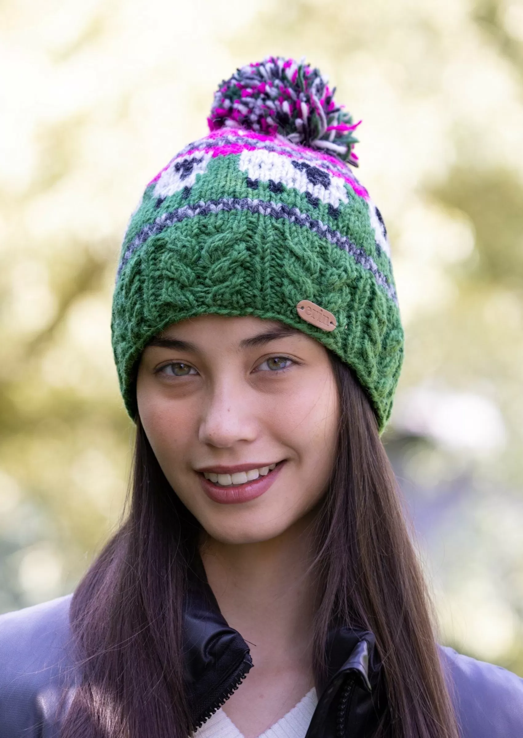 Hats & Caps^Erin Knitwear Aran Sheep Bobble Hat Pink and Dark Green