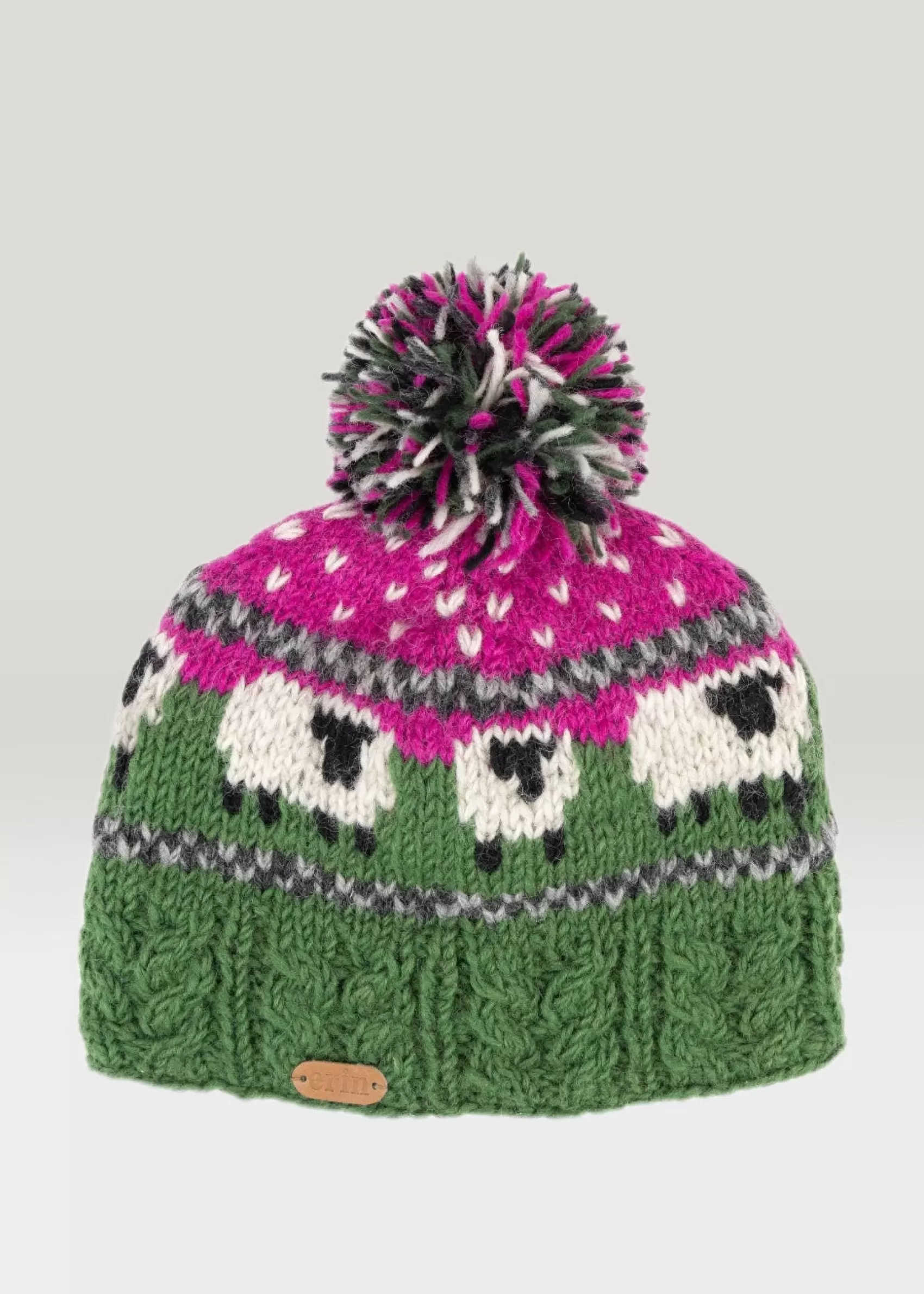 Hats & Caps^Erin Knitwear Aran Sheep Bobble Hat Pink and Dark Green