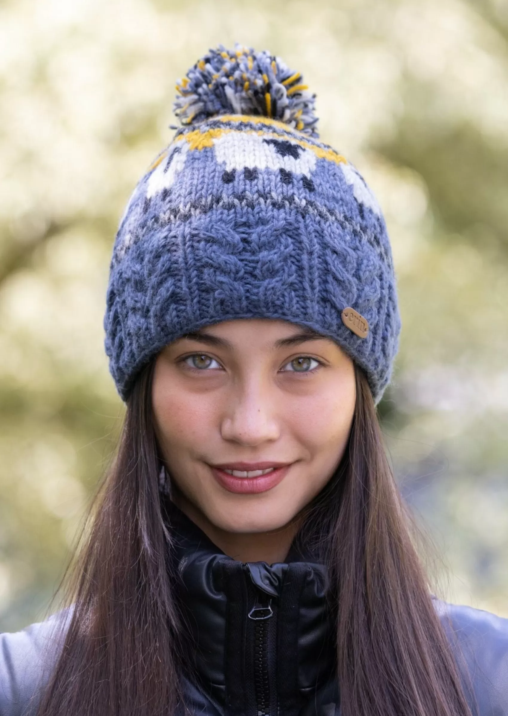 Hats & Caps^Erin Knitwear Aran Sheep Bobble Hat Yellow and Blue