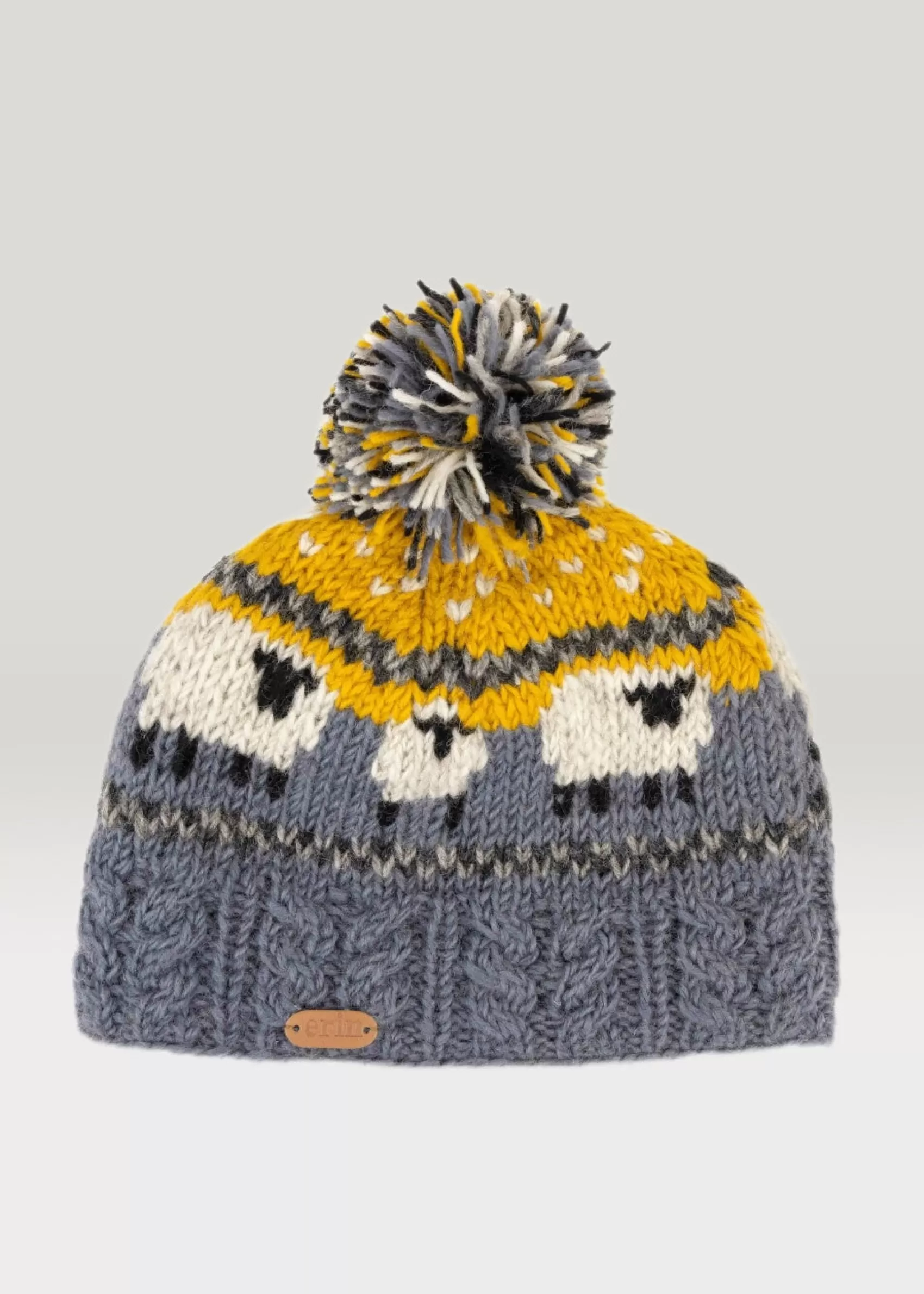 Hats & Caps^Erin Knitwear Aran Sheep Bobble Hat Yellow and Blue