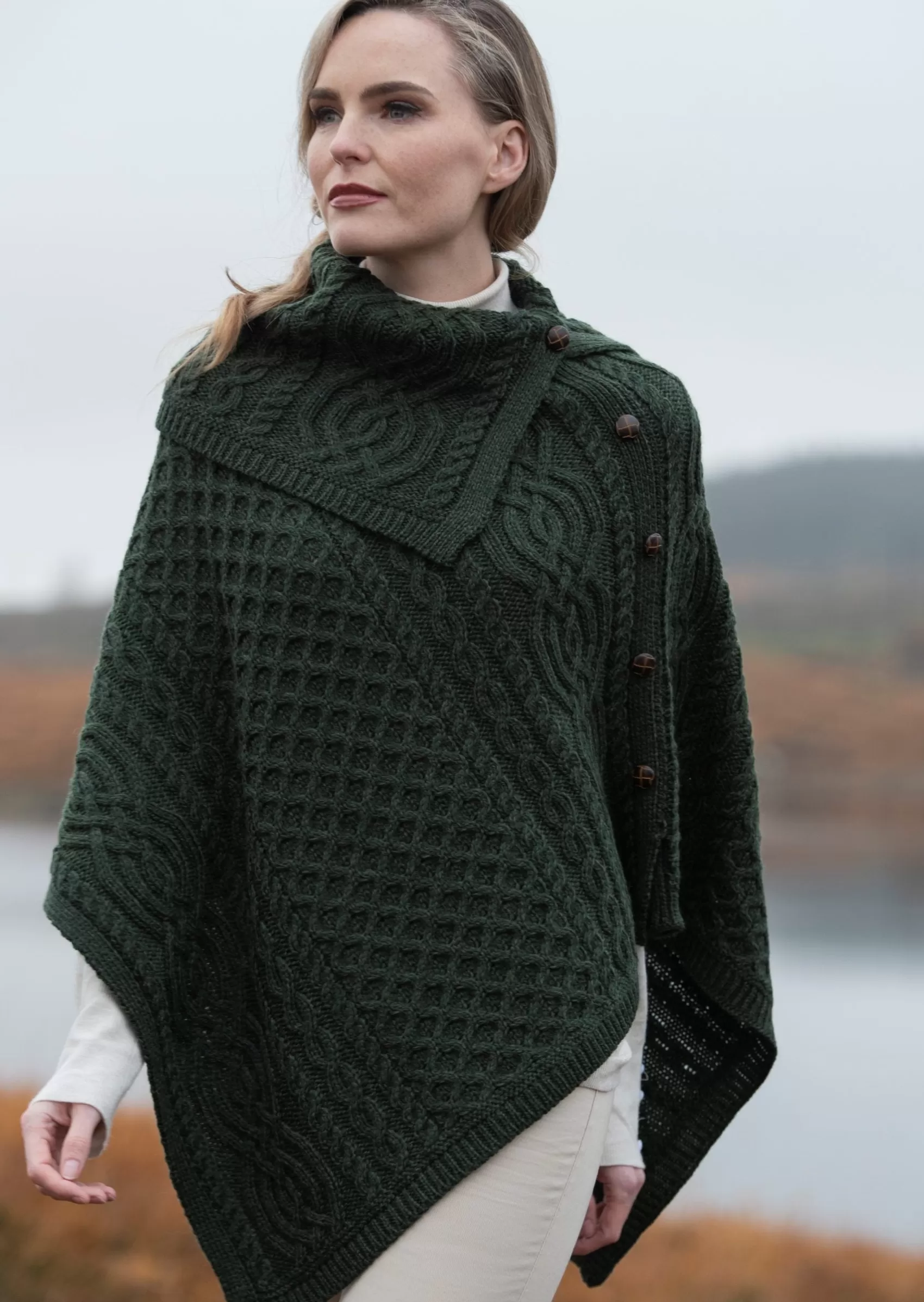 Ponchos / Capes / Shawls^Aran Crafts Aran Tipperary Cowl Neck Poncho | Green