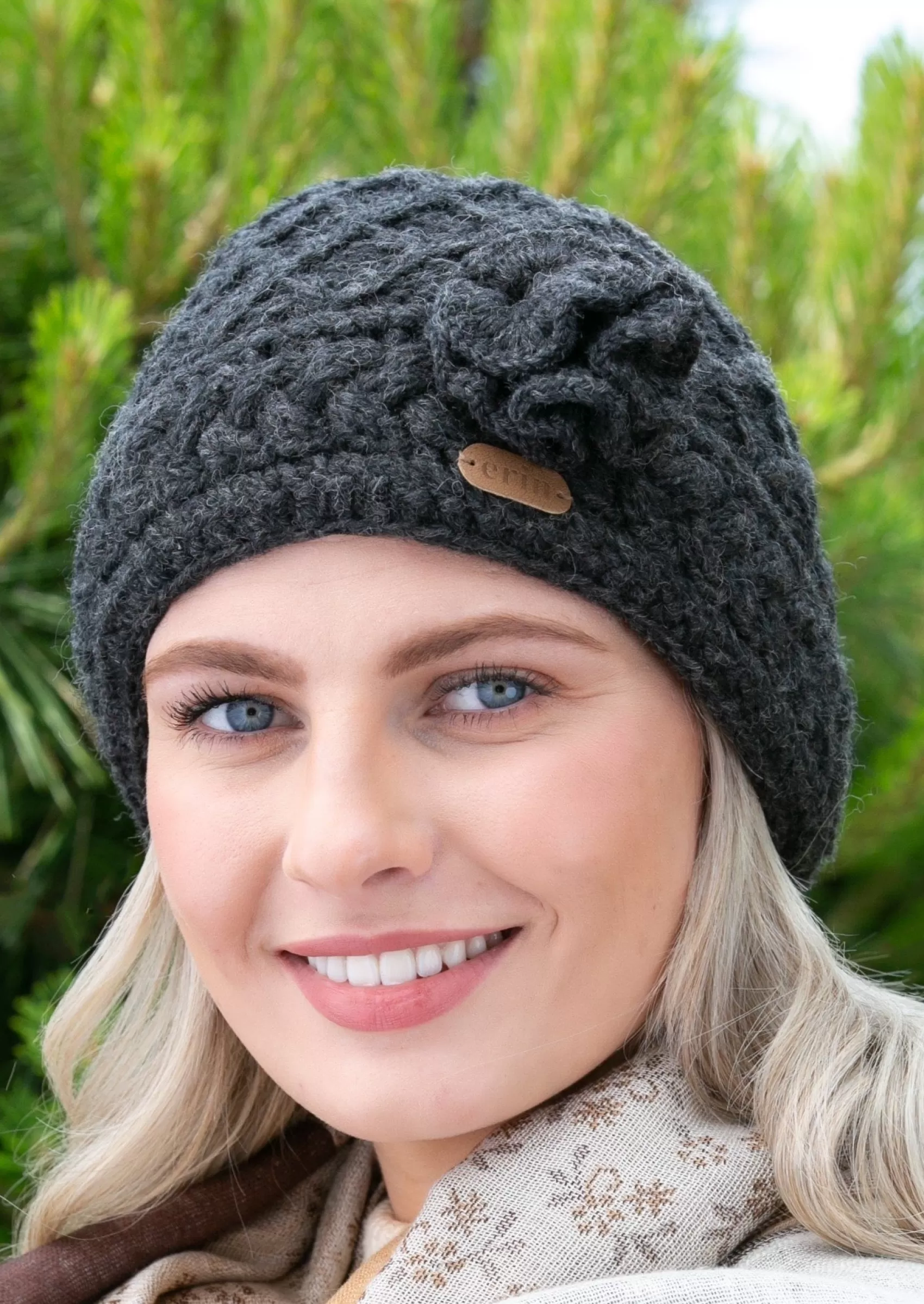 Hats & Caps^Erin Knitwear Aran Trellis Flower Hat | Charcoal