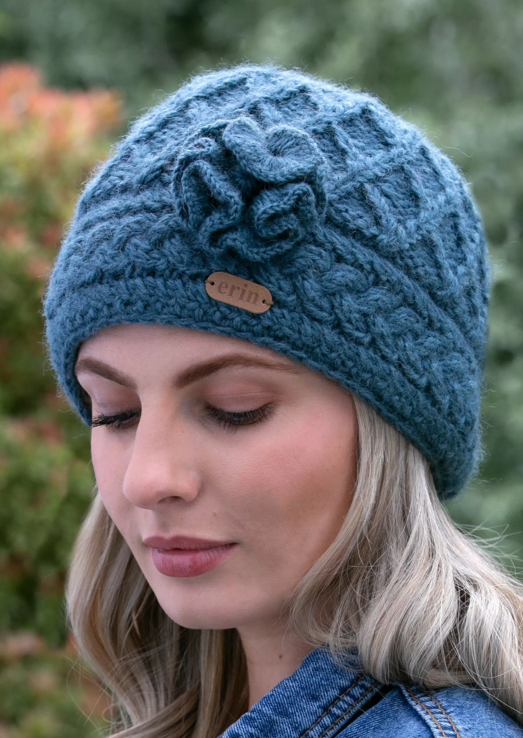 Hats & Caps^Erin Knitwear Aran Trellis Flower Hat | Denim