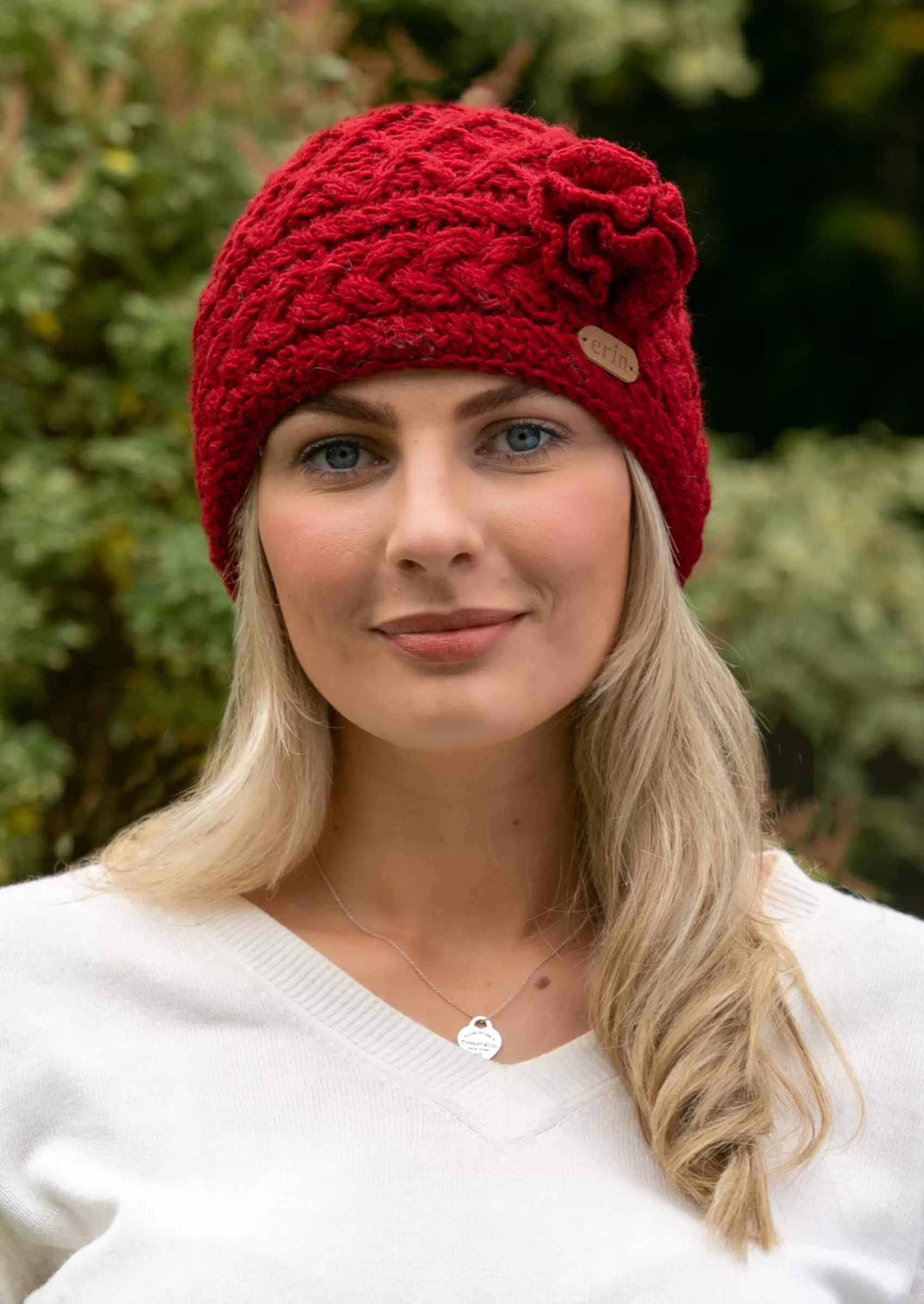 Hats & Caps^Erin Knitwear Aran Trellis Flower Hat | Red