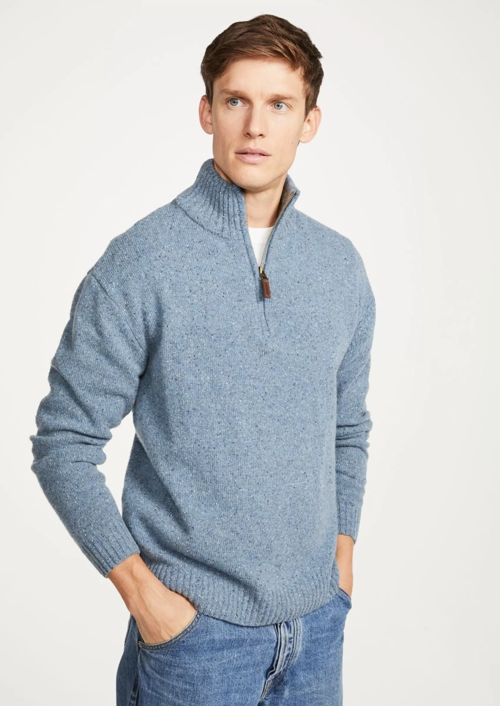 Aran Sweaters^Aran Woollen Mills Aran Troyer Zip Sweater | Blue