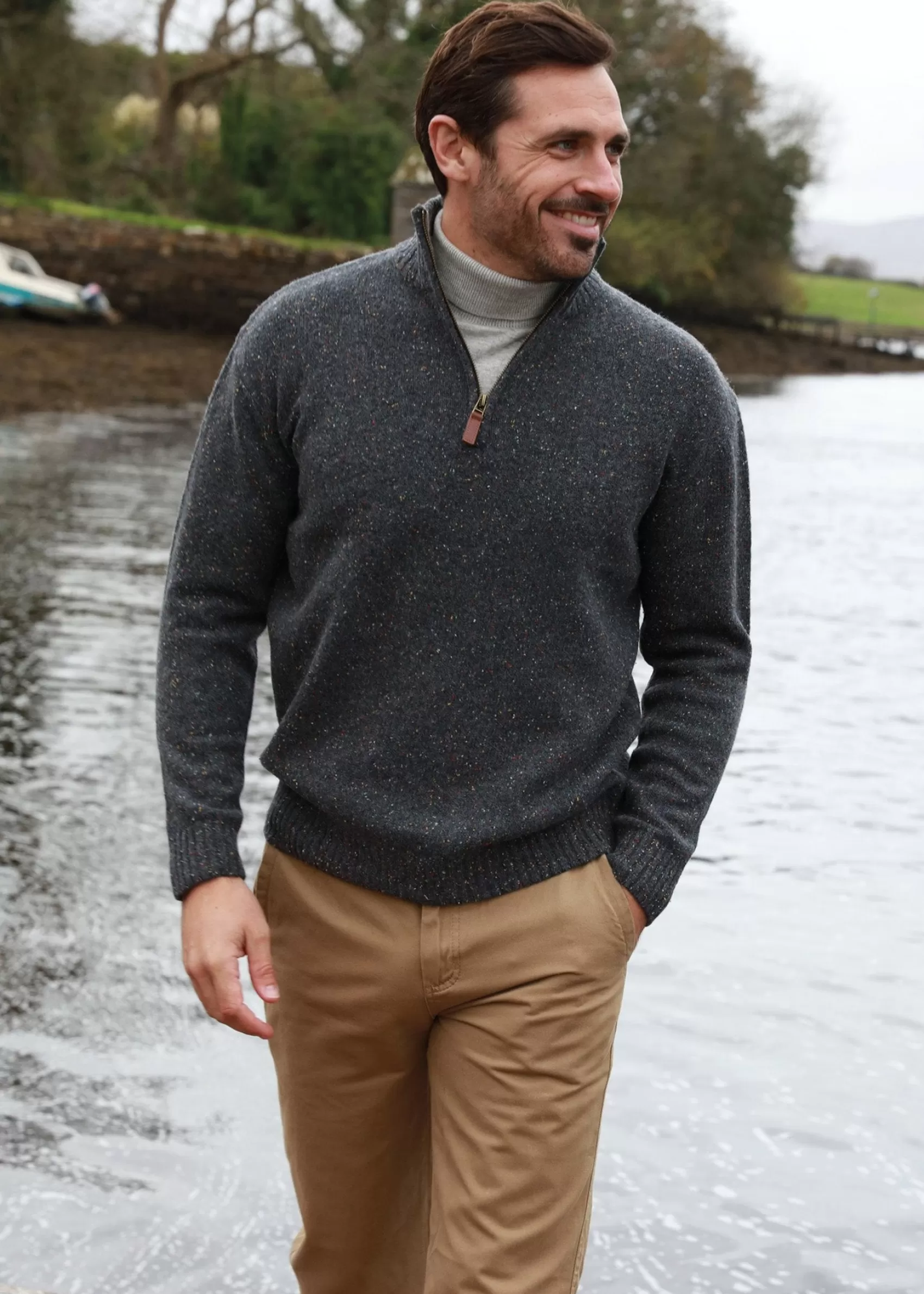 Aran Sweaters^Aran Woollen Mills Aran Troyer Zip Sweater | Graphite