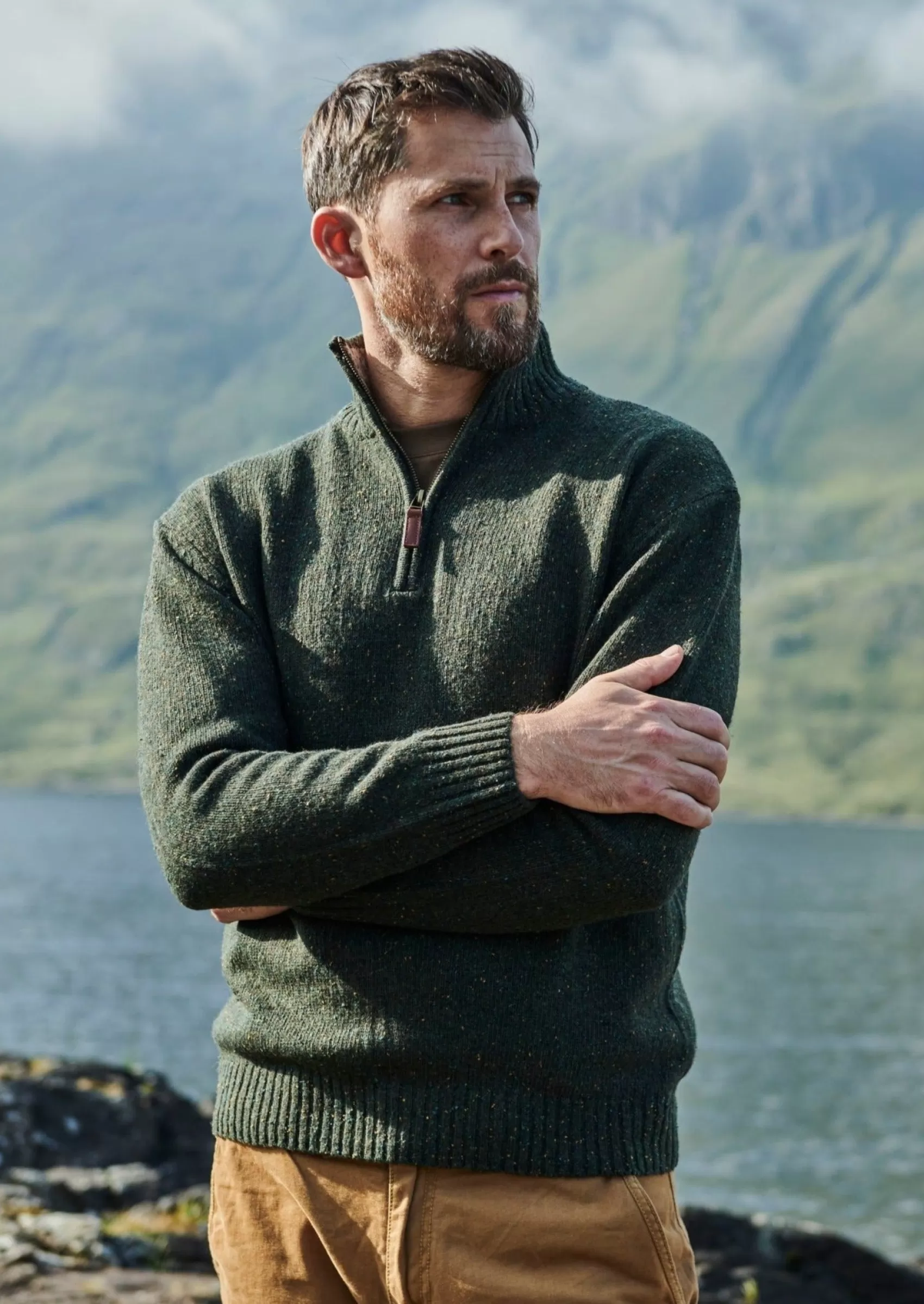 Aran Sweaters^Aran Woollen Mills Aran Troyer Zip Sweater | Green