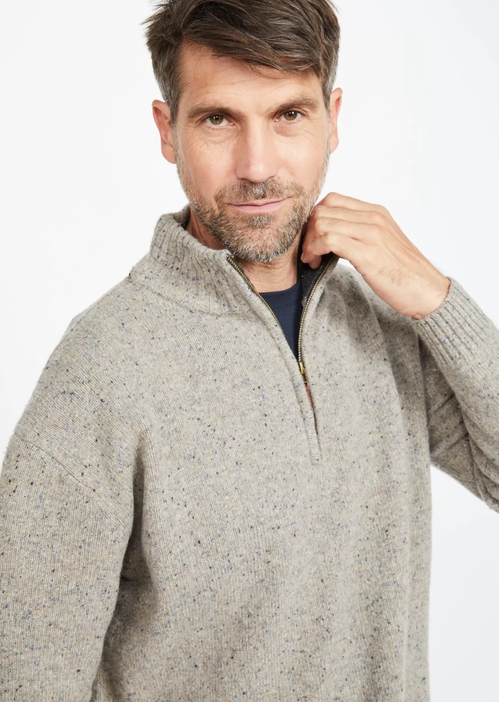 Aran Sweaters^Aran Woollen Mills Aran Troyer Zip Sweater | Oatmeal