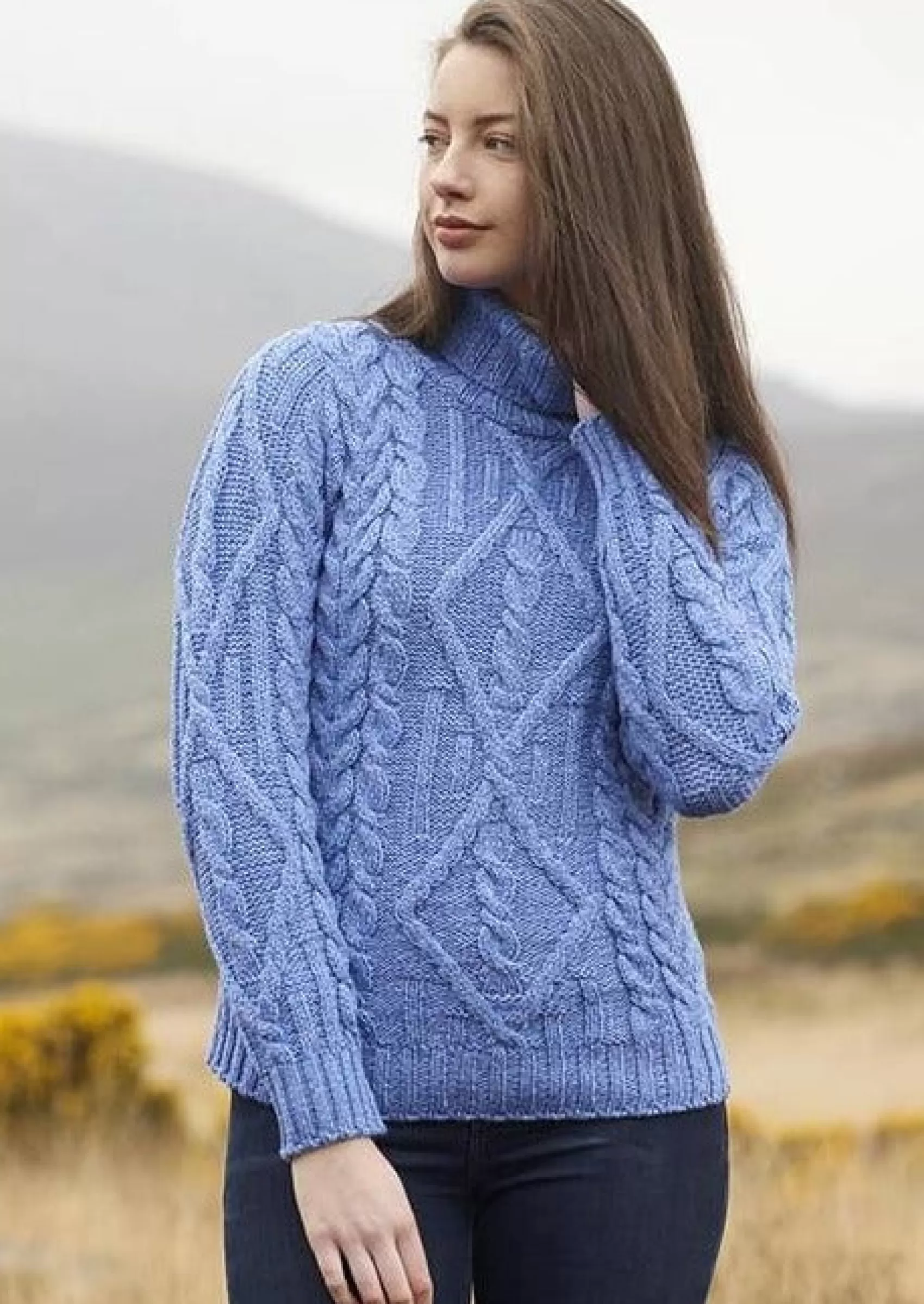 Aran Sweaters^Aran Crafts Aran Turtle Neck Sweater | Blue