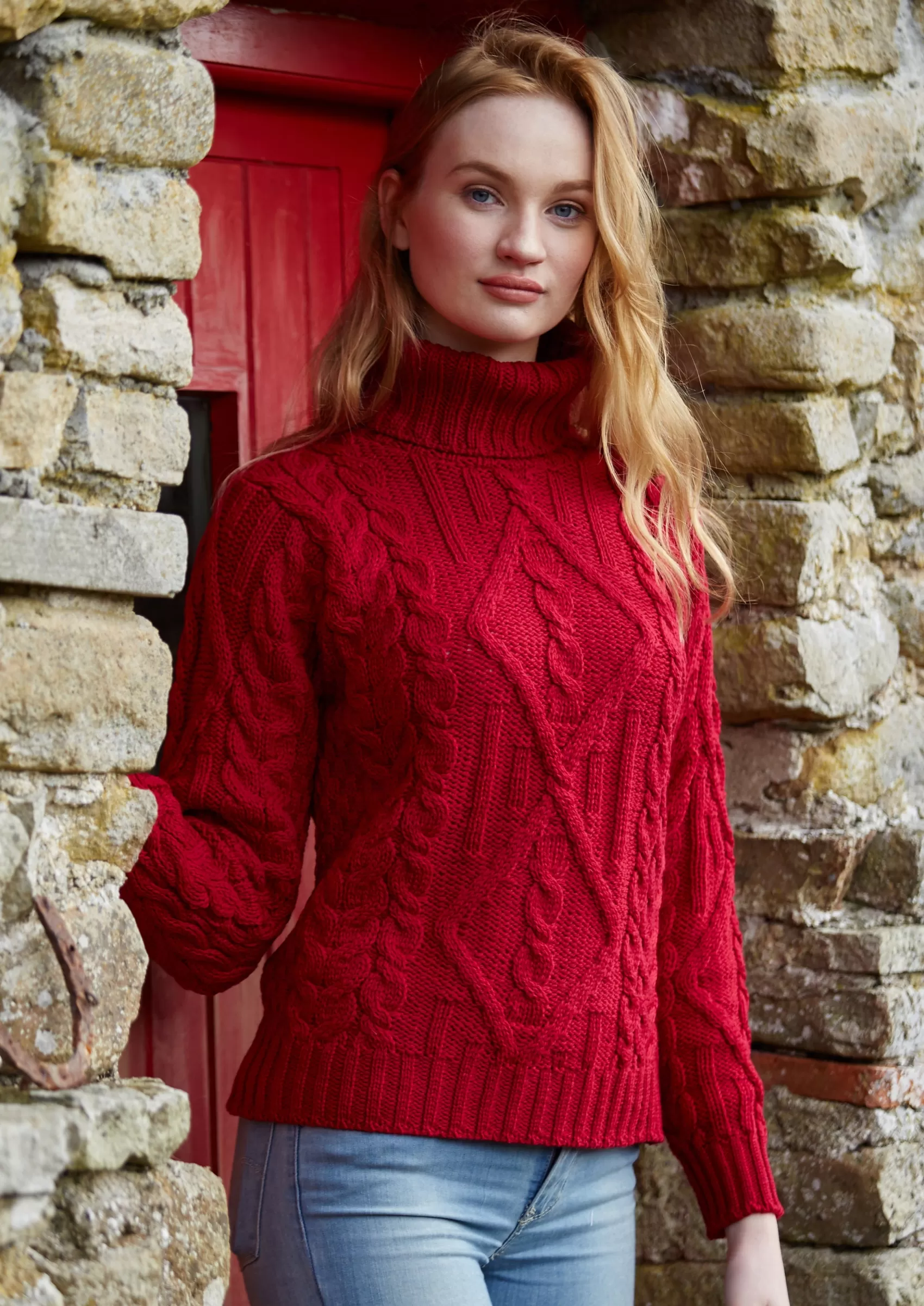 Aran Sweaters^Aran Crafts Aran Turtle Neck Sweater | Red