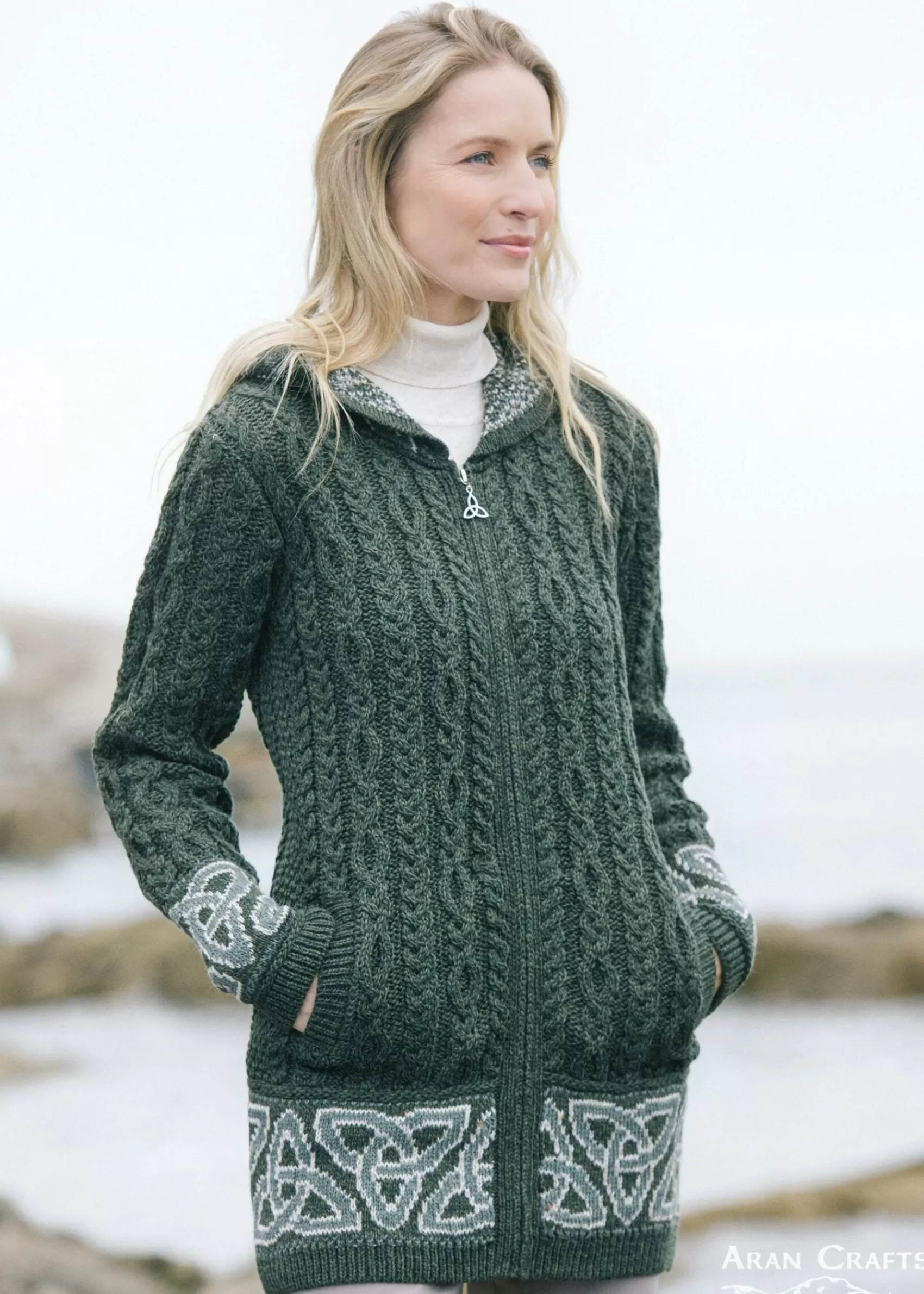 Aran Sweaters | Aran Cardigans^Aran Crafts Aran Women's Jacquard Hooded Cardigan | Green