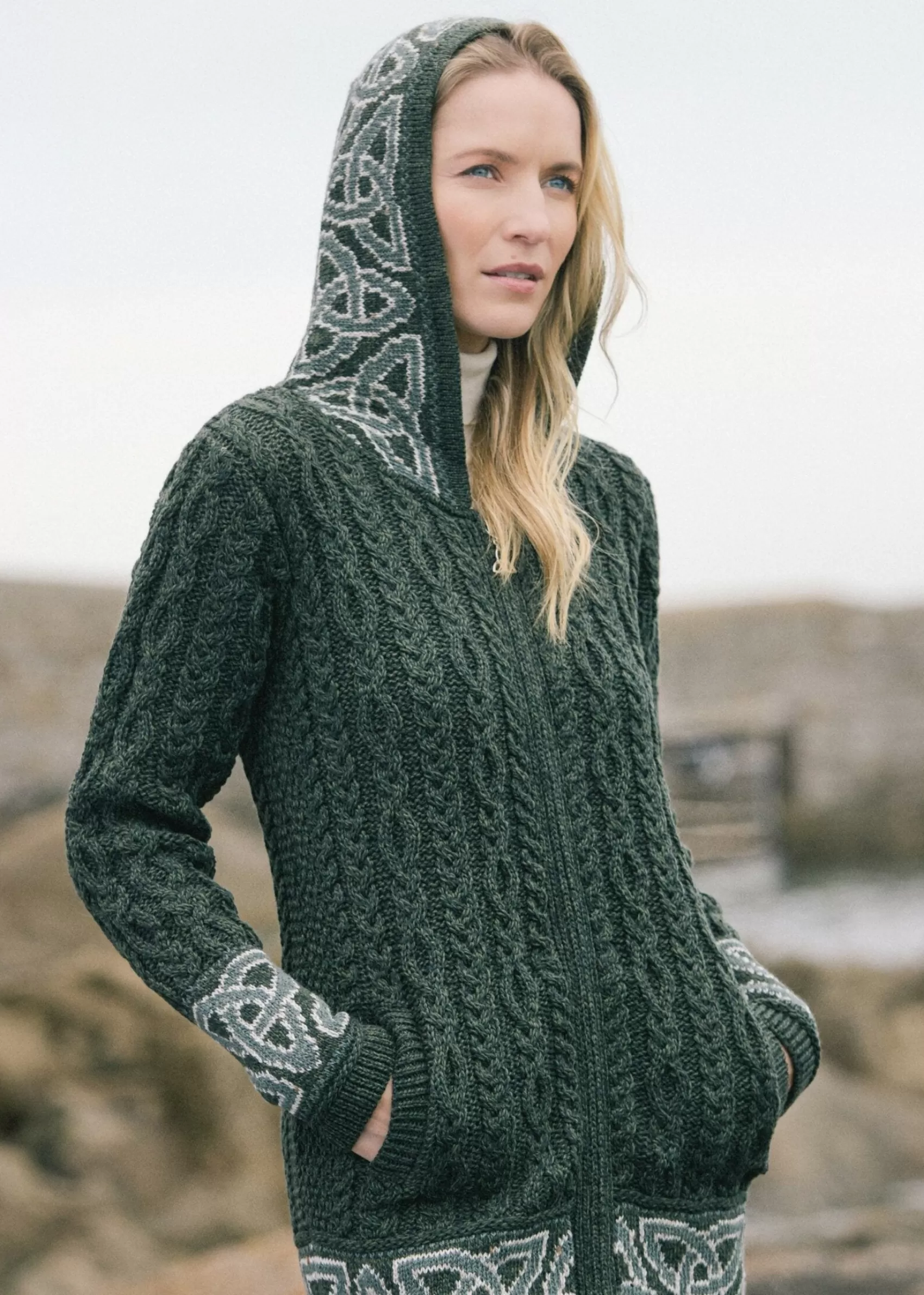 Aran Sweaters | Aran Cardigans^Aran Crafts Aran Women's Jacquard Hooded Cardigan | Green