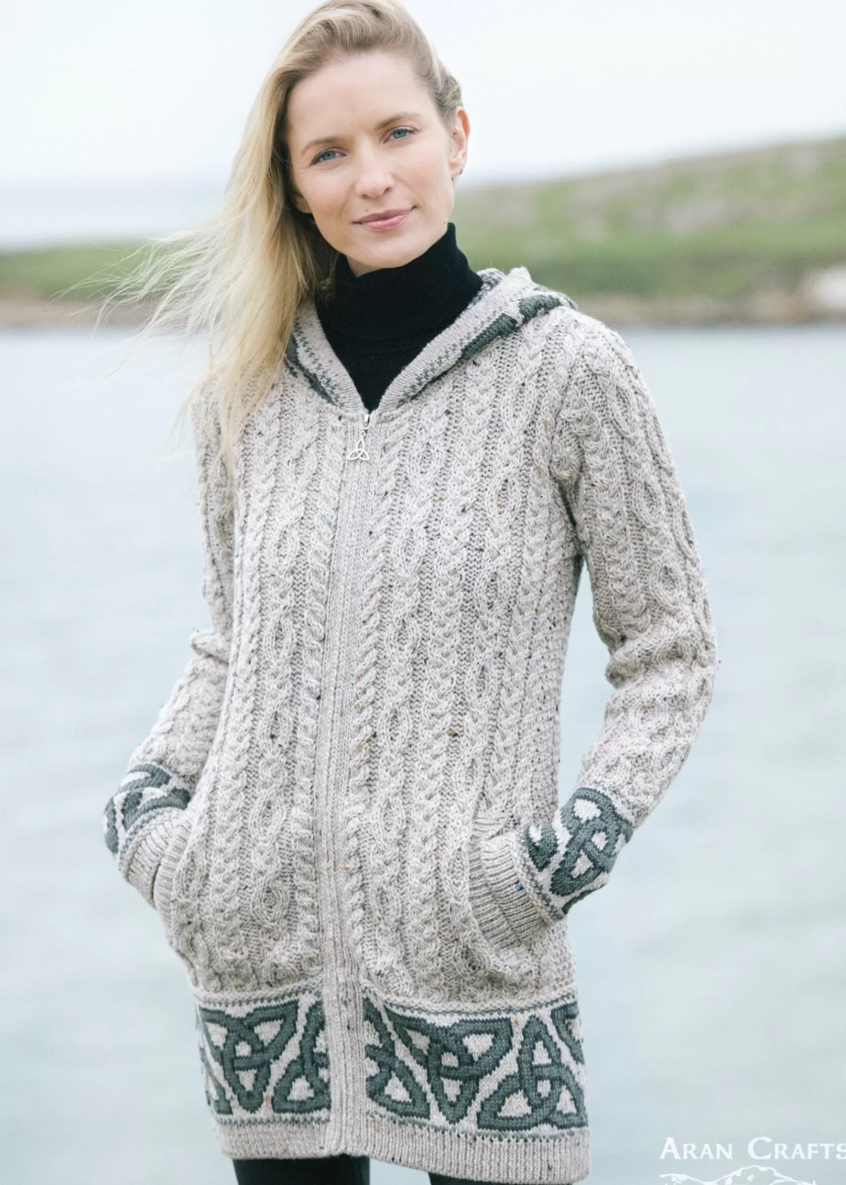 Aran Sweaters | Aran Cardigans^Aran Crafts Aran Women's Jacquard Hooded Cardigan | Oatmeal