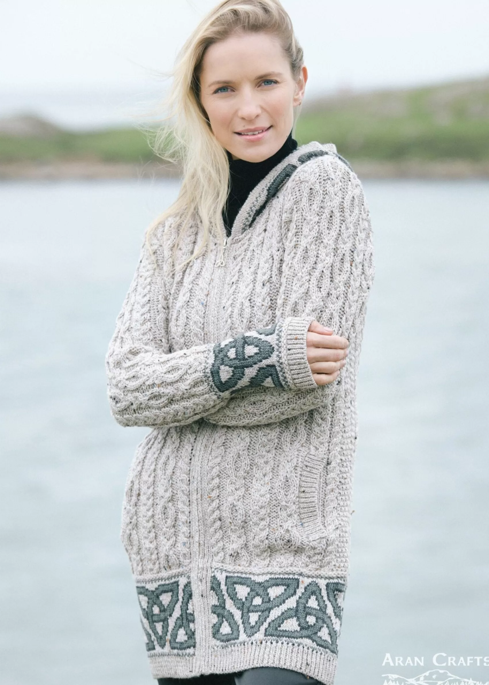 Aran Sweaters | Aran Cardigans^Aran Crafts Aran Women's Jacquard Hooded Cardigan | Oatmeal