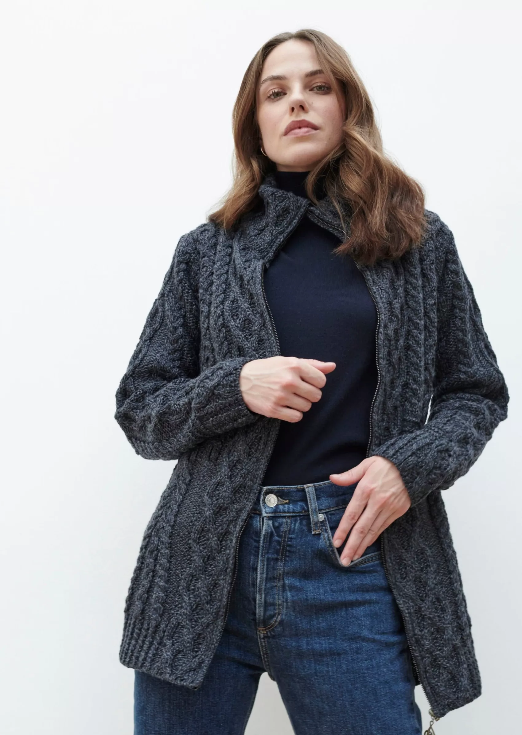 Aran Sweaters | Aran Cardigans^Aran Woollen Mills Aran Women's Zipper Cardigan | Charcoal