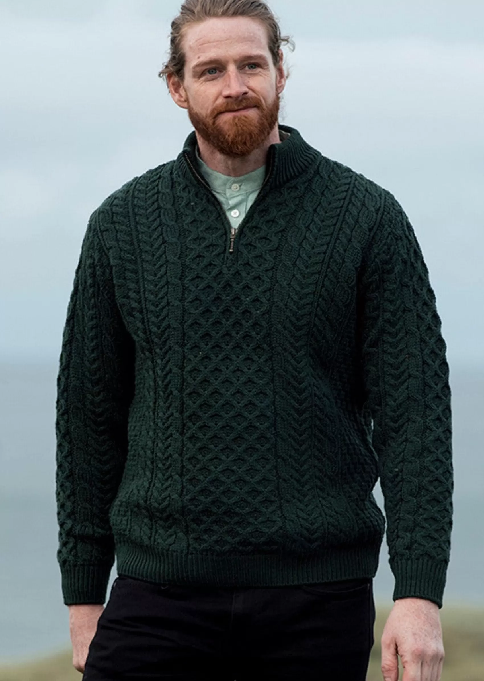 Aran Sweaters^Aran Woollen Mills Ballycroy Mens Aran Half Zip Sweater | Green