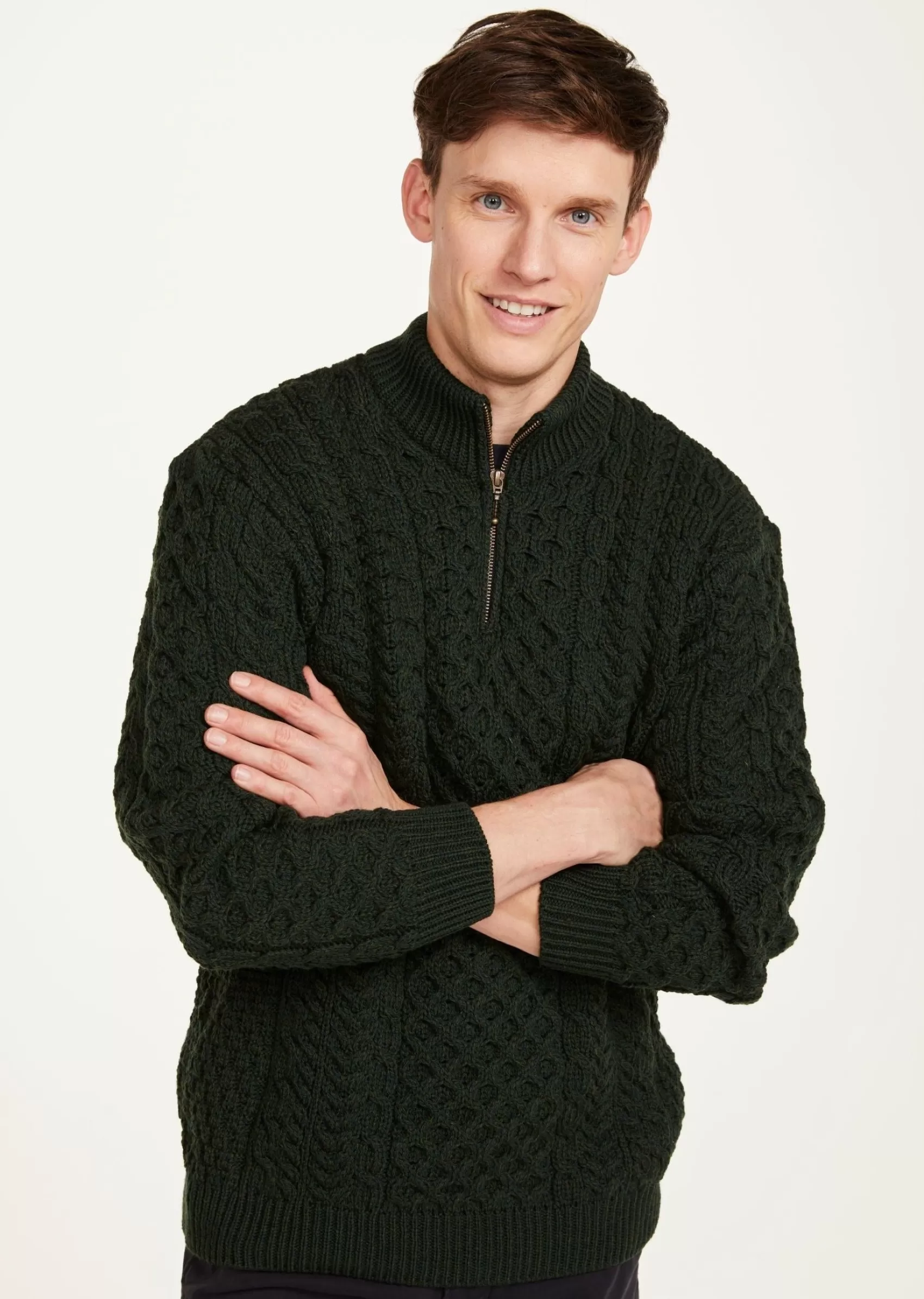 Aran Sweaters^Aran Woollen Mills Ballycroy Mens Aran Half Zip Sweater | Green