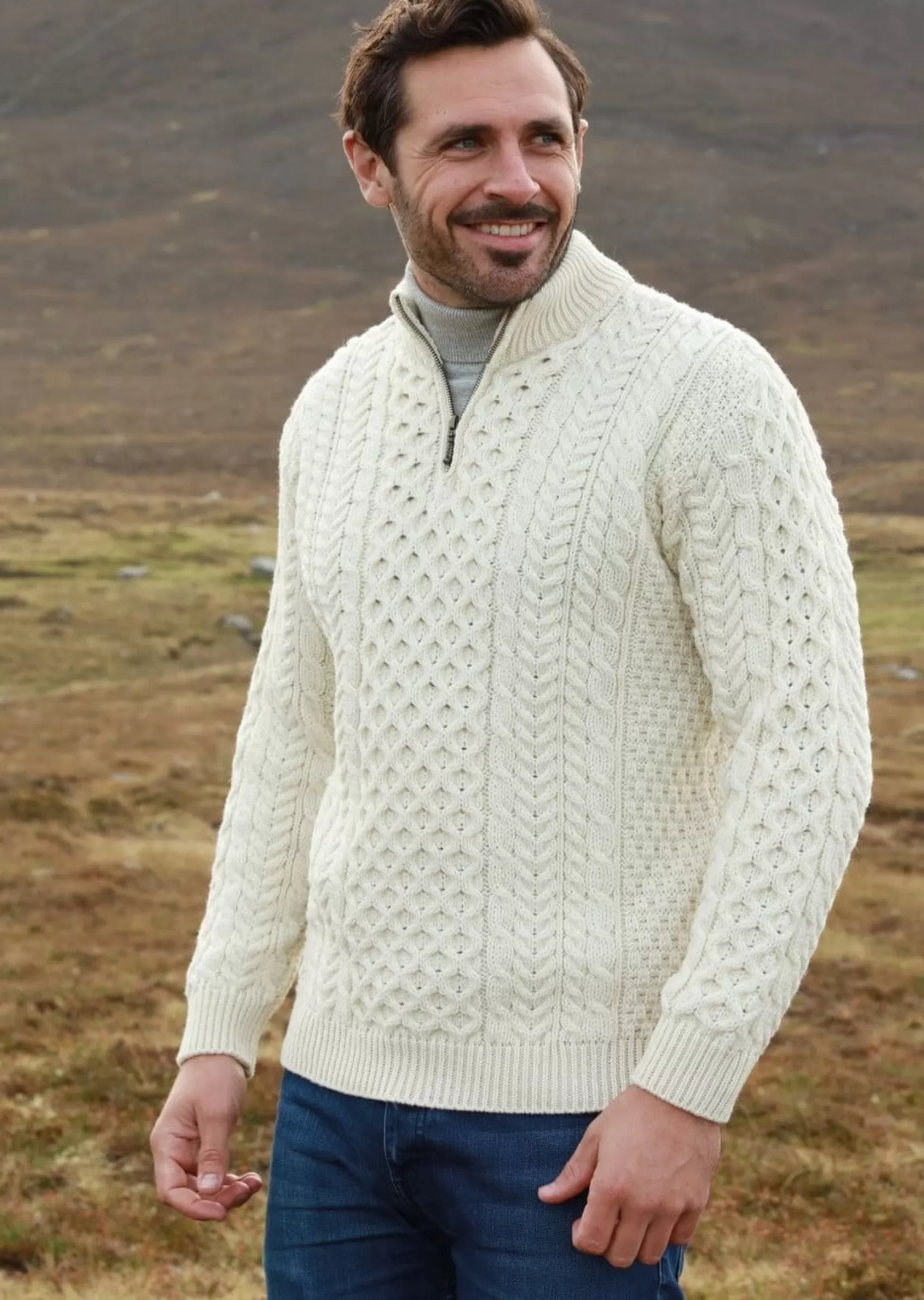 Aran Sweaters^Aran Woollen Mills Ballycroy Mens Aran Half Zip Sweater | Natural