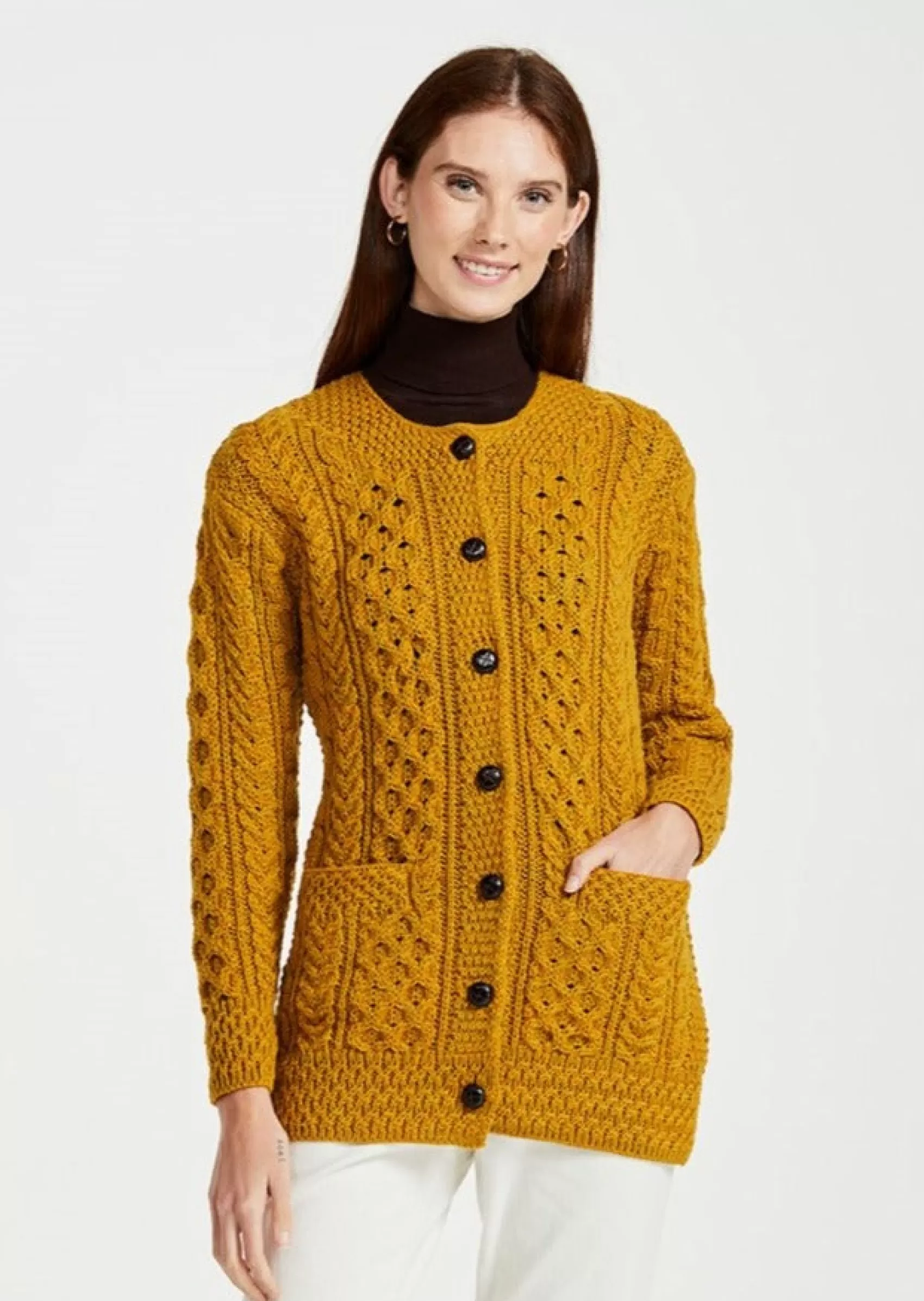 Aran Sweaters | Aran Cardigans^Aran Woollen Mills Basket Weave Aran Cardigan | Mustard