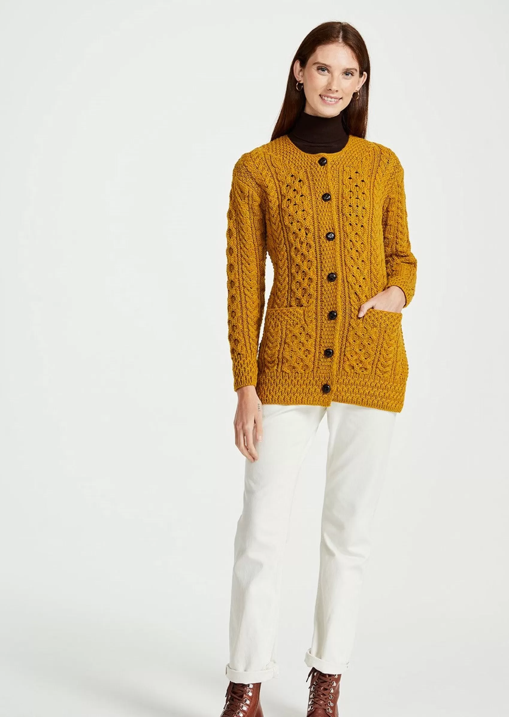 Aran Sweaters | Aran Cardigans^Aran Woollen Mills Basket Weave Aran Cardigan | Mustard