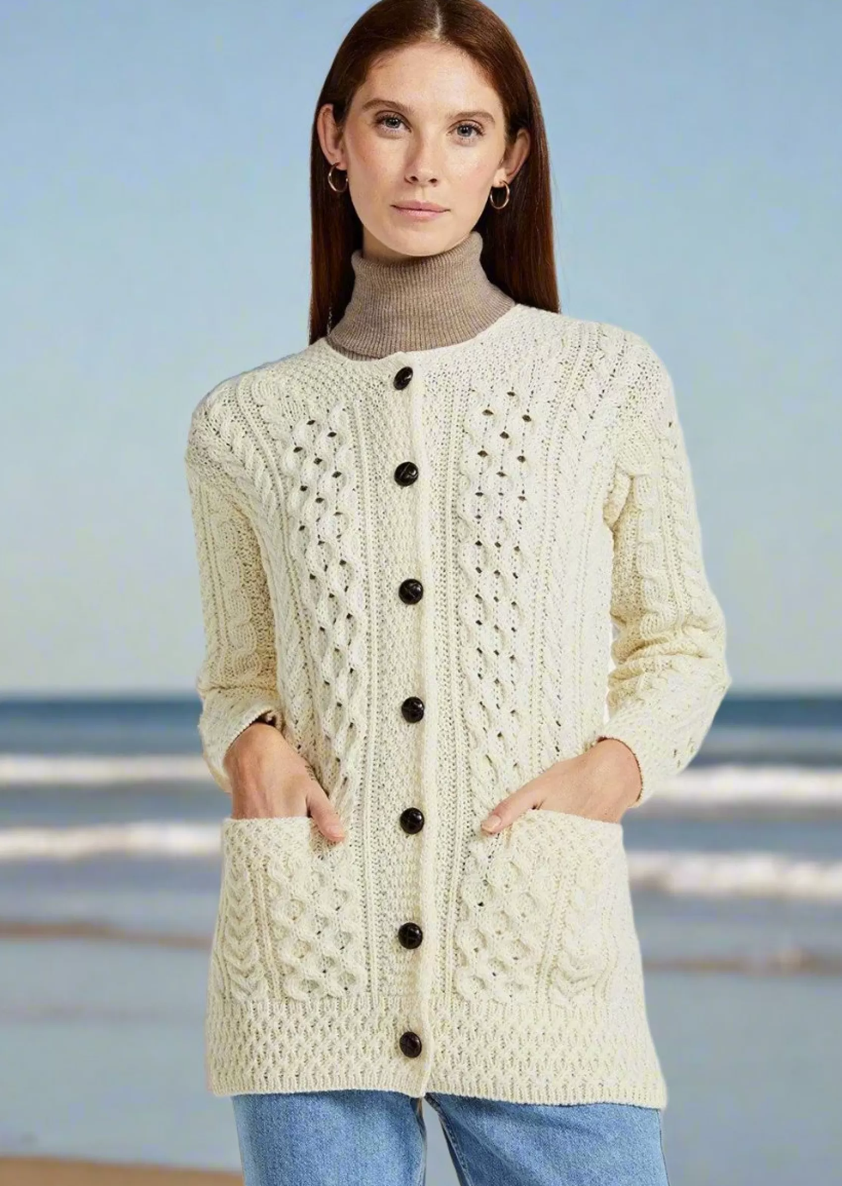 Aran Sweaters | Aran Cardigans^Aran Woollen Mills Basket Weave Aran Cardigan | Natural