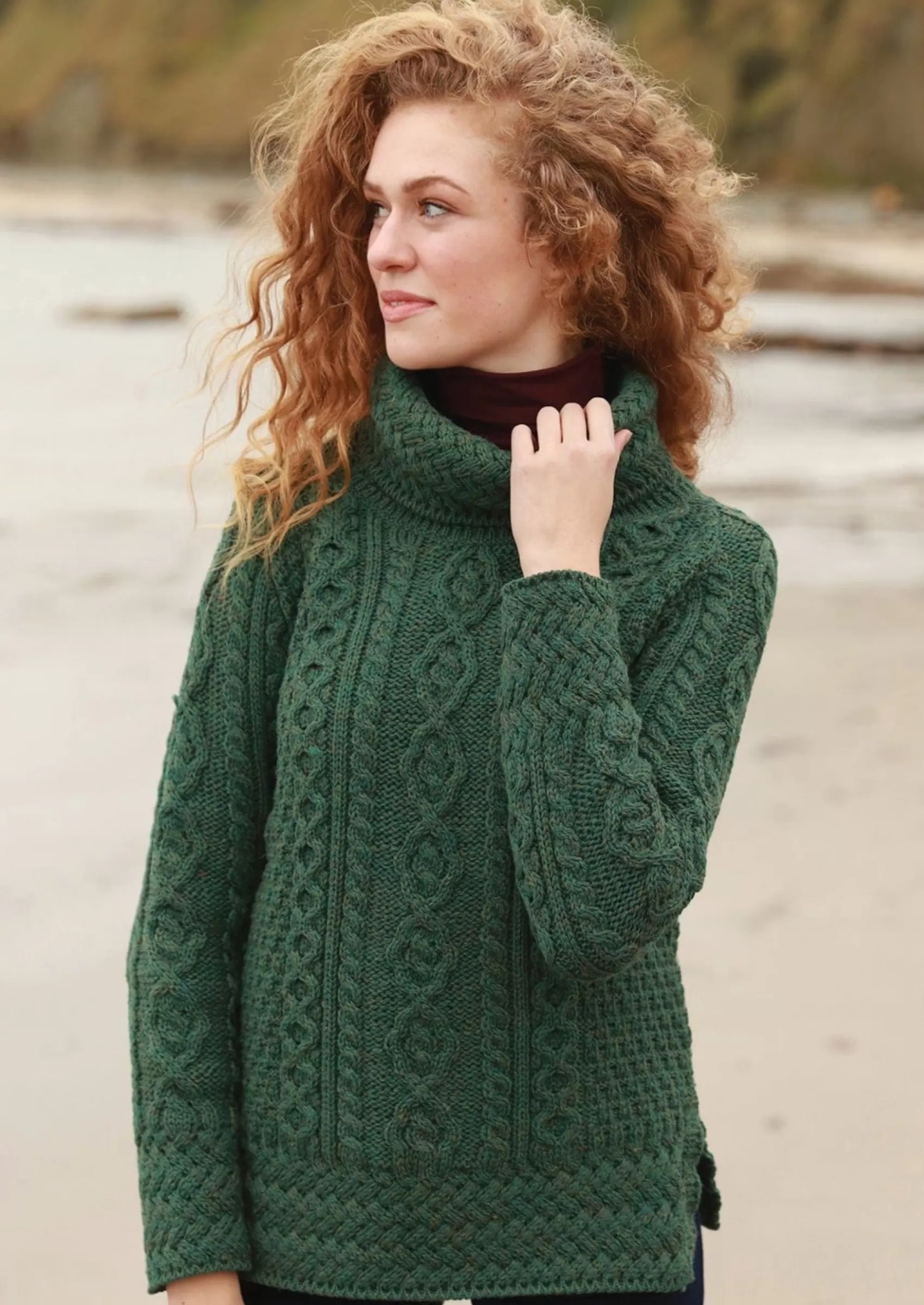 Aran Sweaters^Aran Woollen Mills Belcare Ladies Aran Roll Neck Sweater | Connemara Green