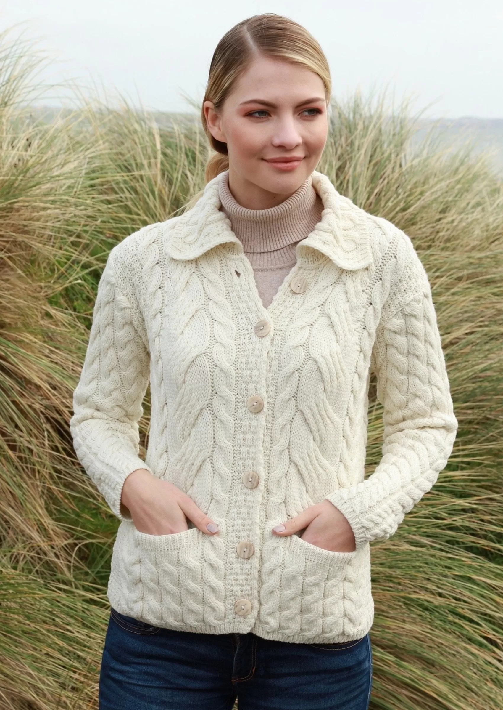 Aran Sweaters | Aran Cardigans^Aran Woollen Mills Belcarra Ladies Aran Cardigan | Natural