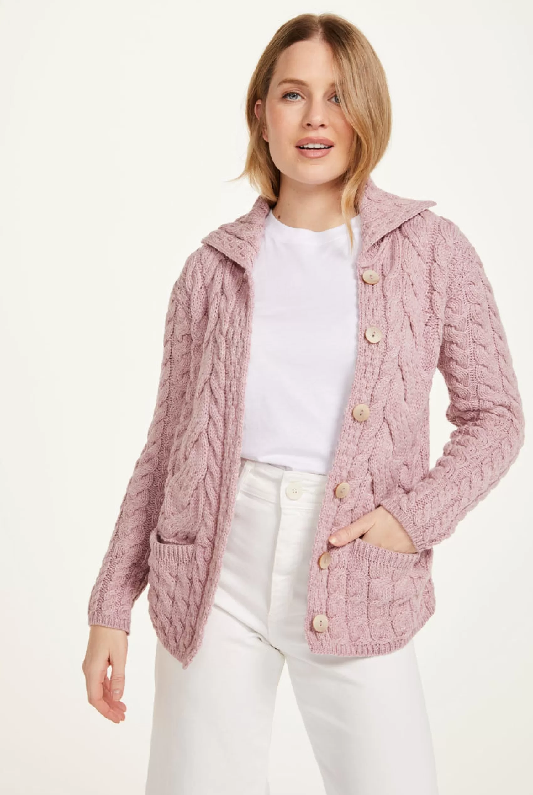 Aran Sweaters | Aran Cardigans^Aran Woollen Mills Belcarra Ladies Aran Cardigan | Pink