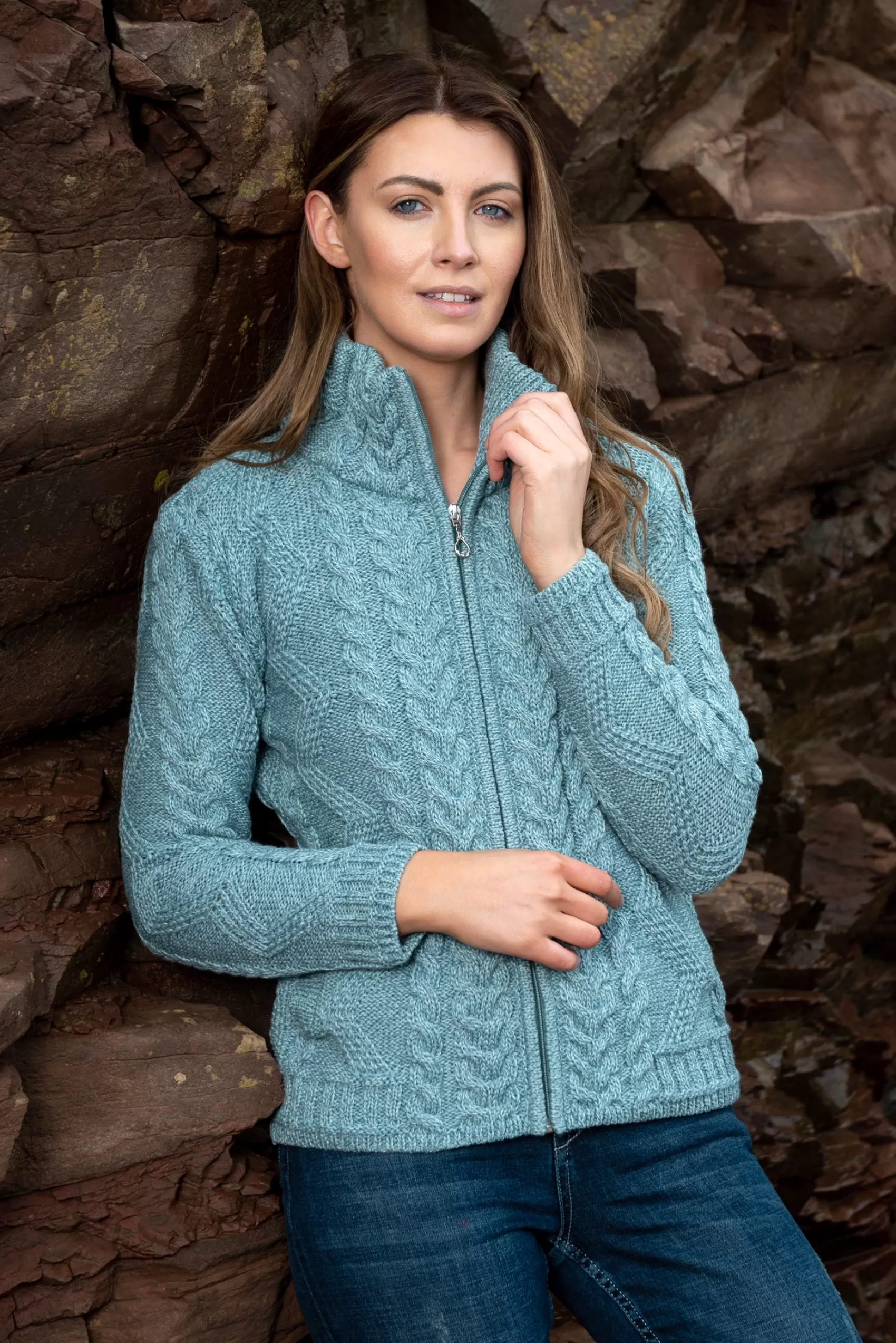 Aran Sweaters | Aran Cardigans^Original Aran Company Cable Knit Aqua Aran Cardigan