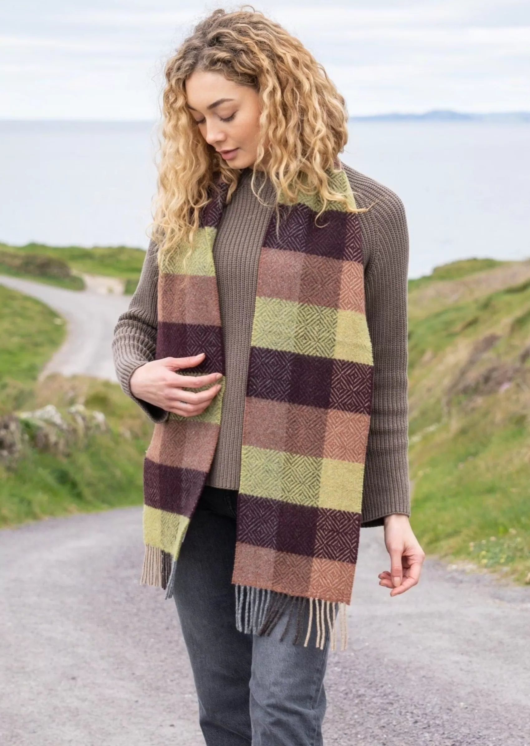 Scarves^John Hanly Cashmere Merino Scarf | Green Brown Block