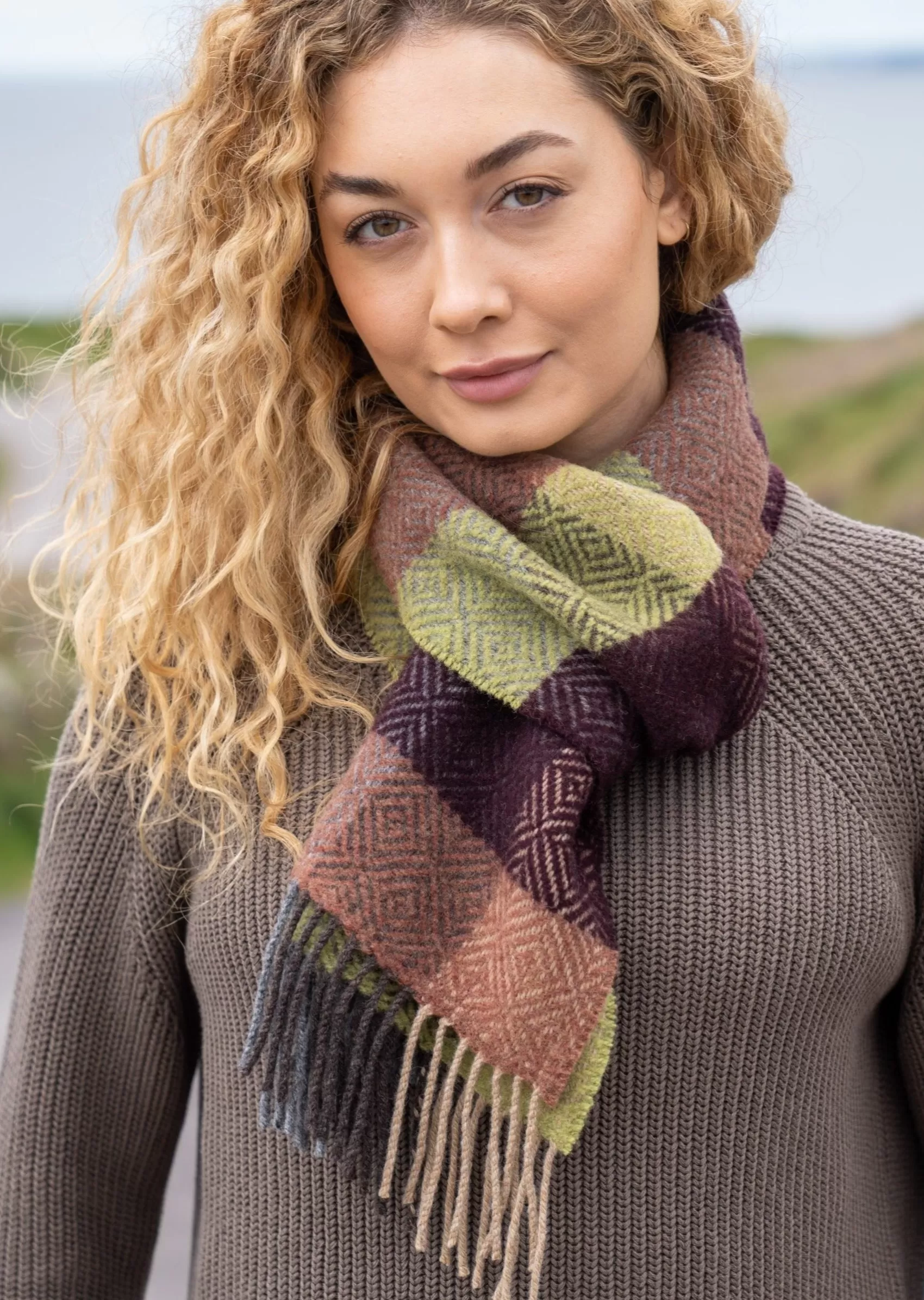 Scarves^John Hanly Cashmere Merino Scarf | Green Brown Block