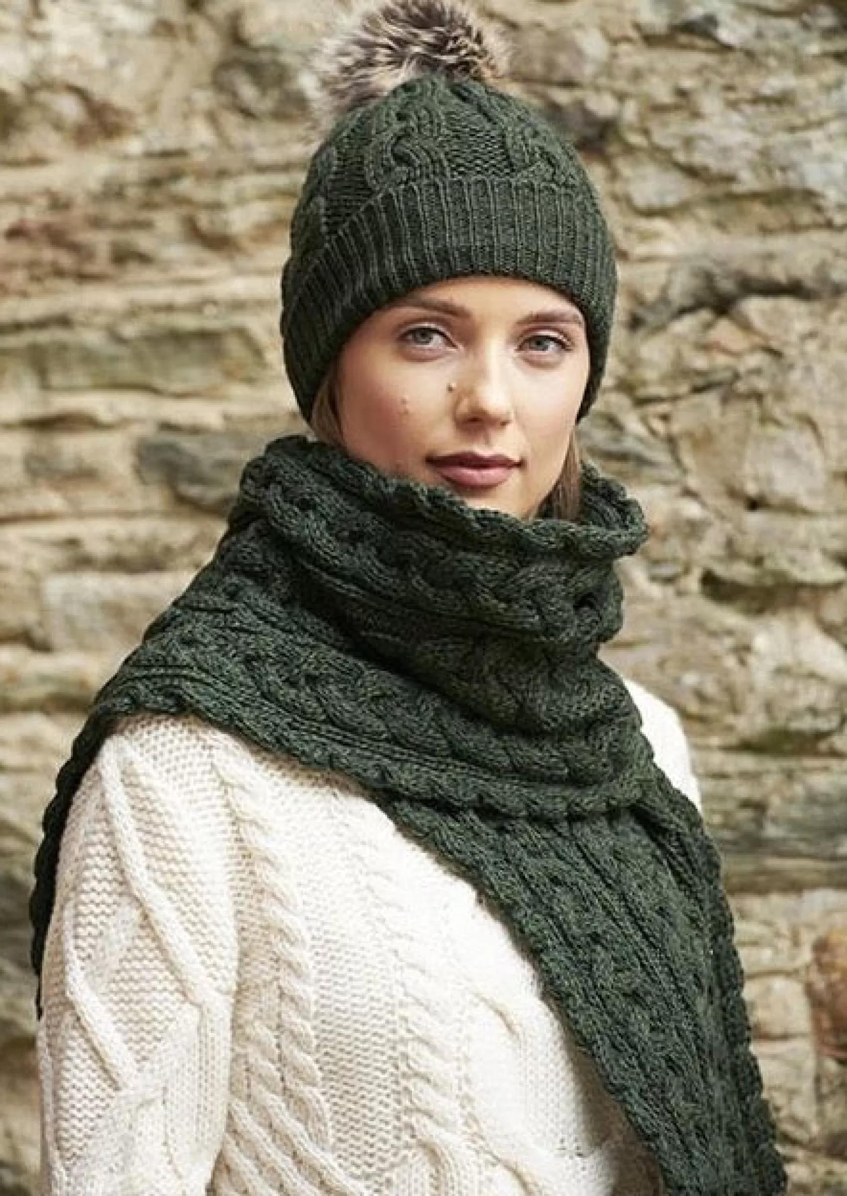 Scarves^Aran Crafts Chunky Cable Knit Aran Scarf | Green