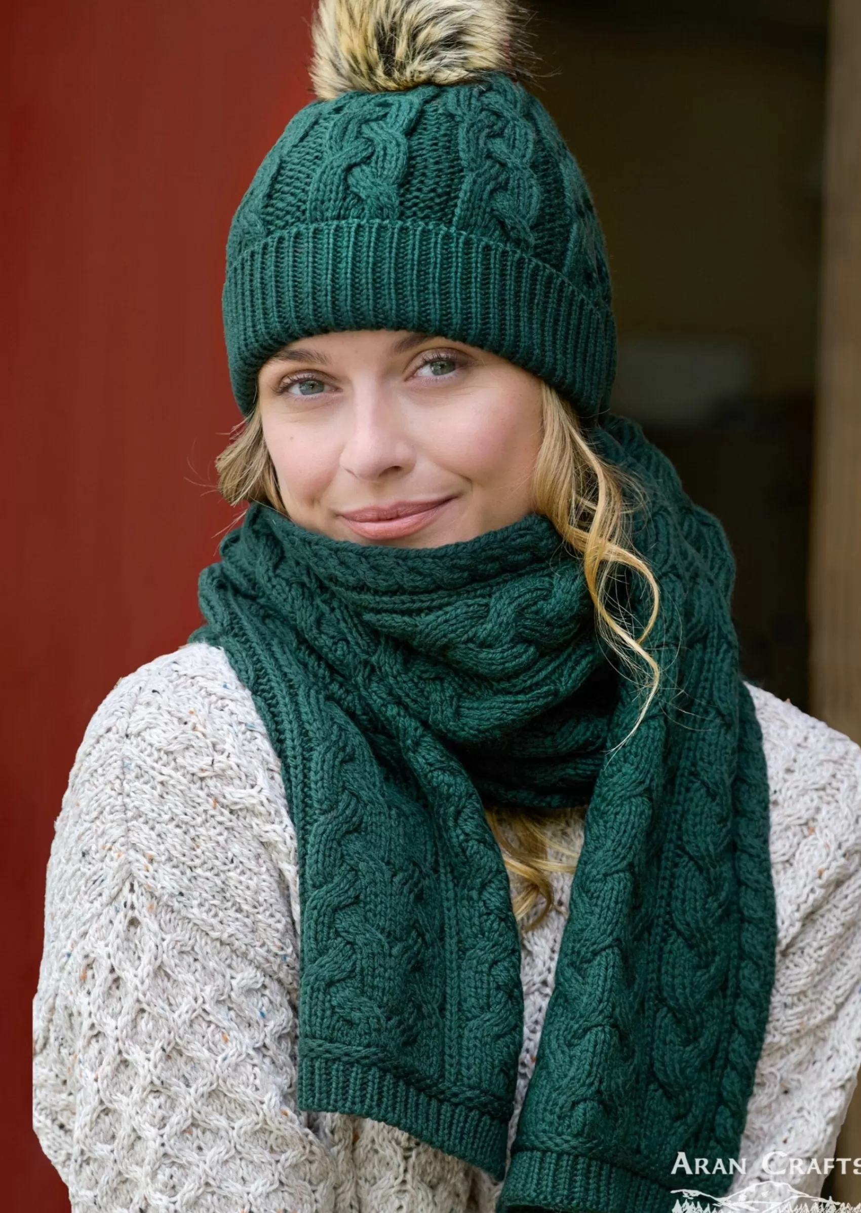 Scarves^Aran Crafts Chunky Cable Knit Aran Scarf | Green