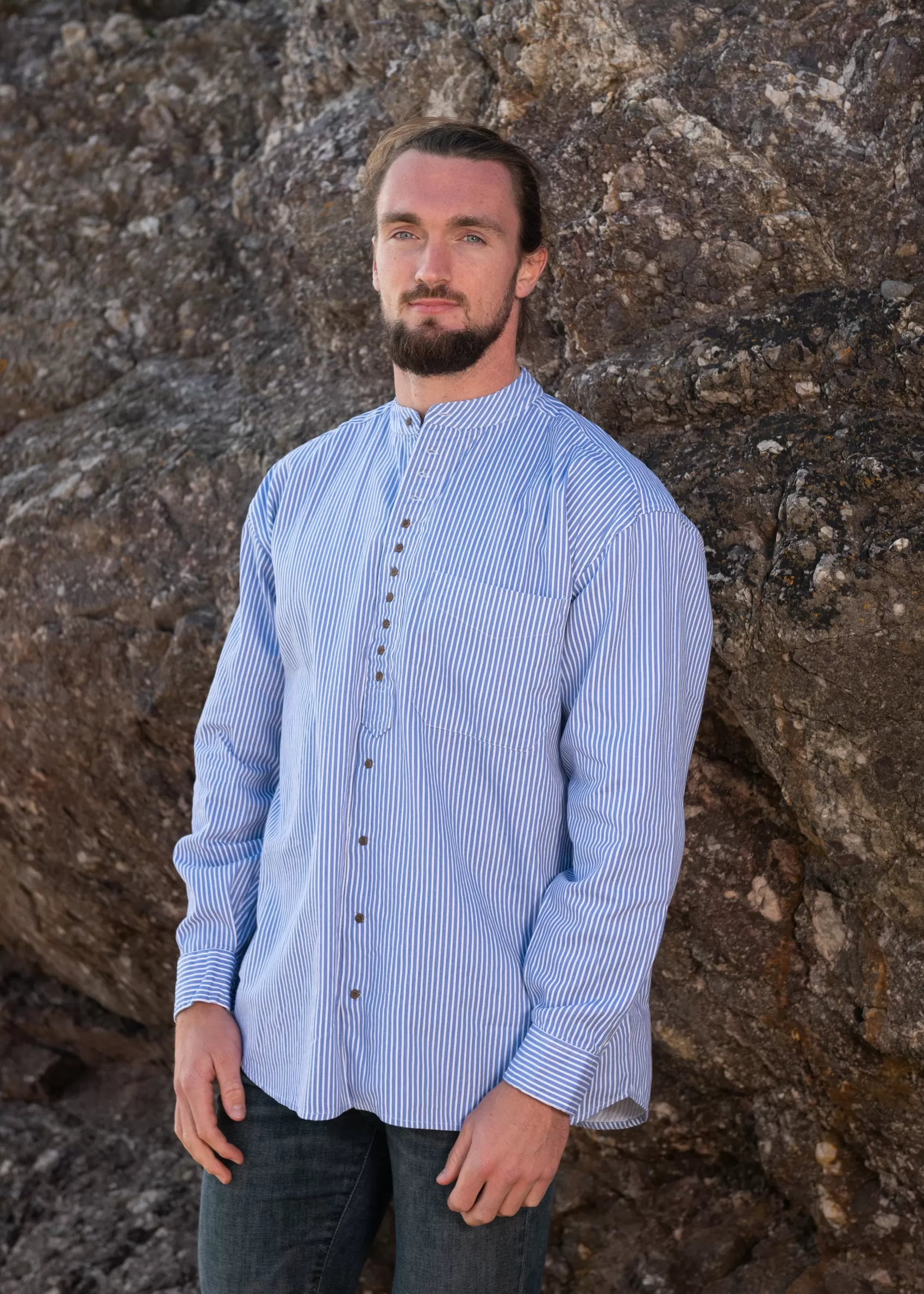 Traditional Shirts^Civilian Grandfather Shirt | Blue Stripe