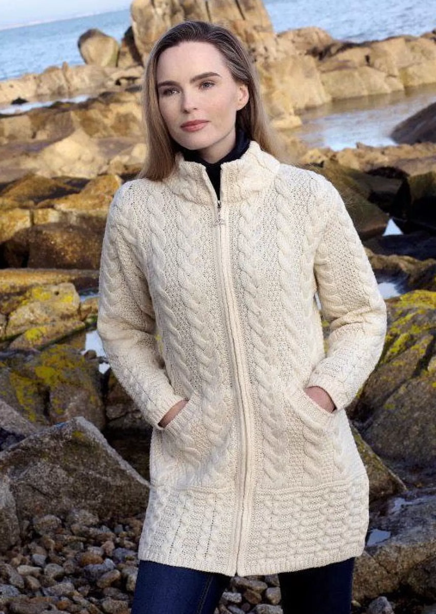 Aran Sweaters | Aran Cardigans^Aran Crafts Cork Long Zip Aran Coat | Natural