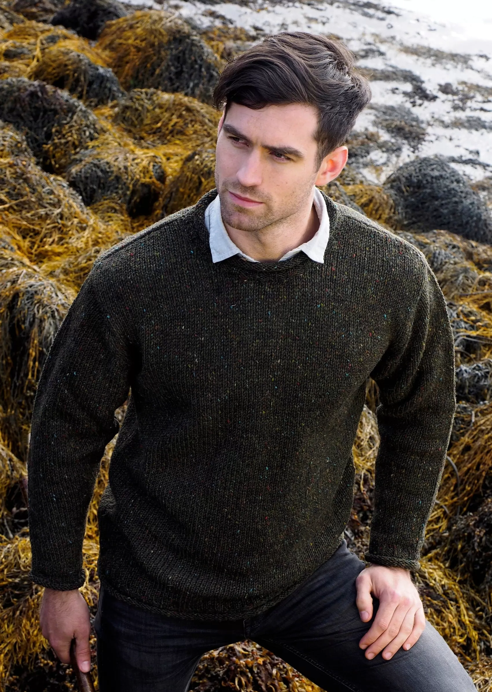 Aran Sweaters^Aran Crafts Donegal Curl Neck Sweater | Green