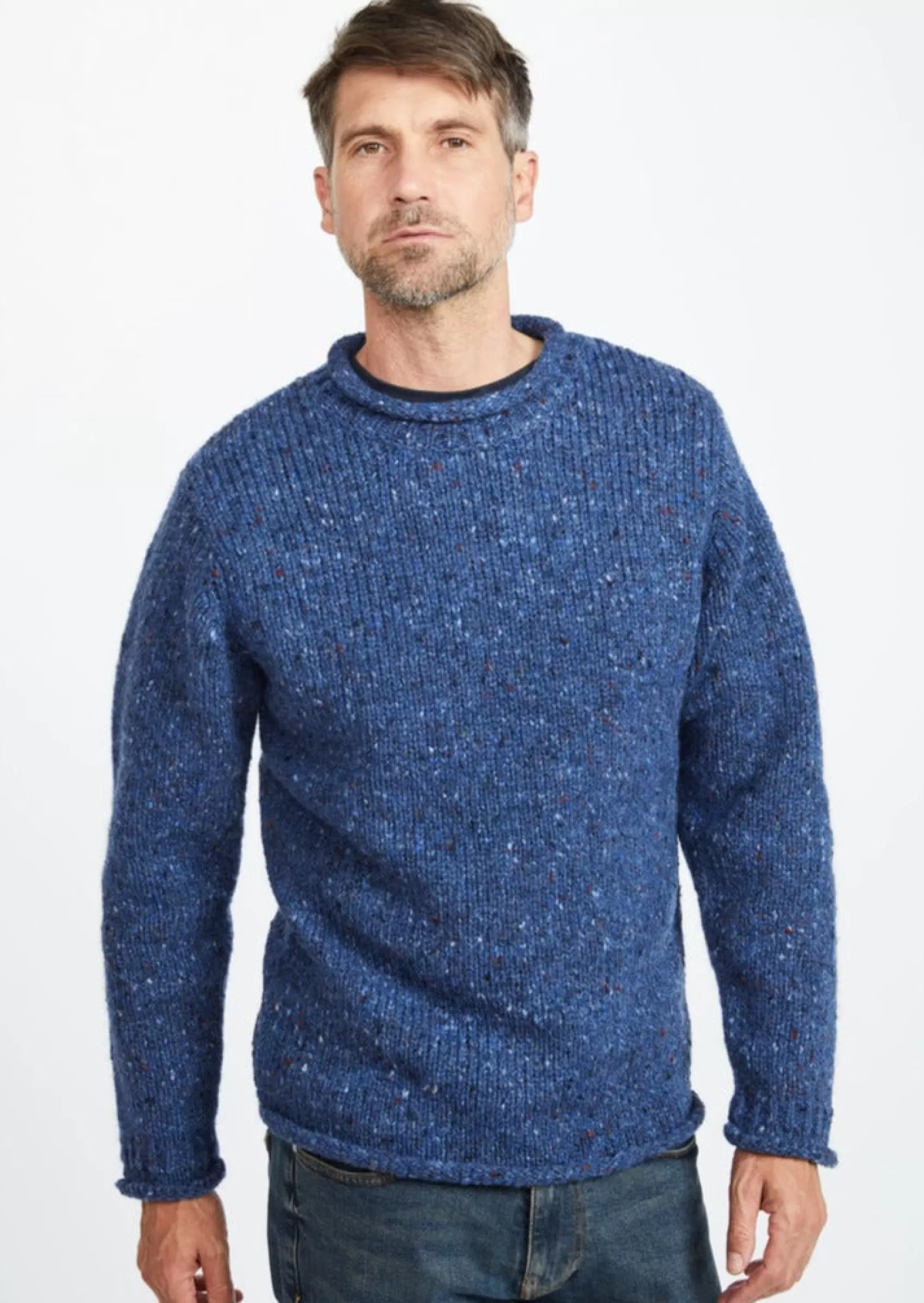 Aran Sweaters^Aran Woollen Mills Donegal Roll Neck Fisherman Sweater | Blue