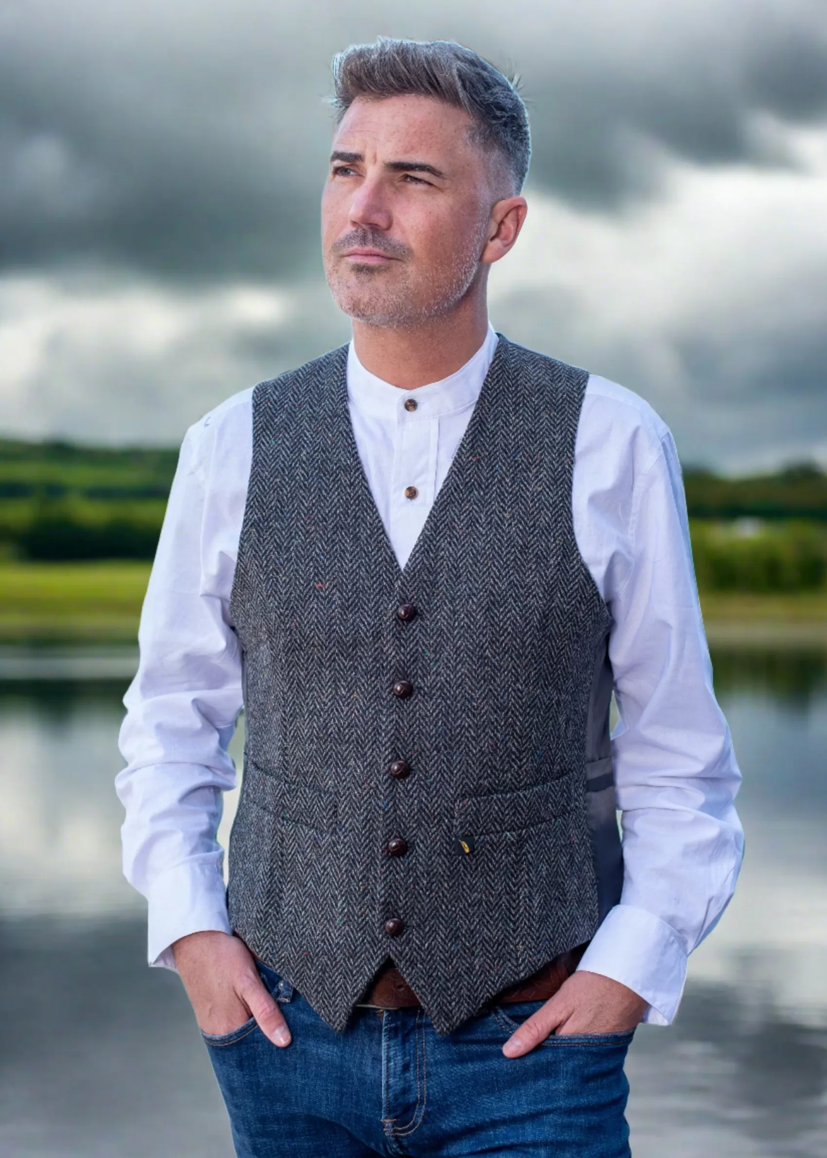 Waistcoats^Hatman of Ireland Donegal Tweed Charcoal Herringbone Waistcoat - Hatman