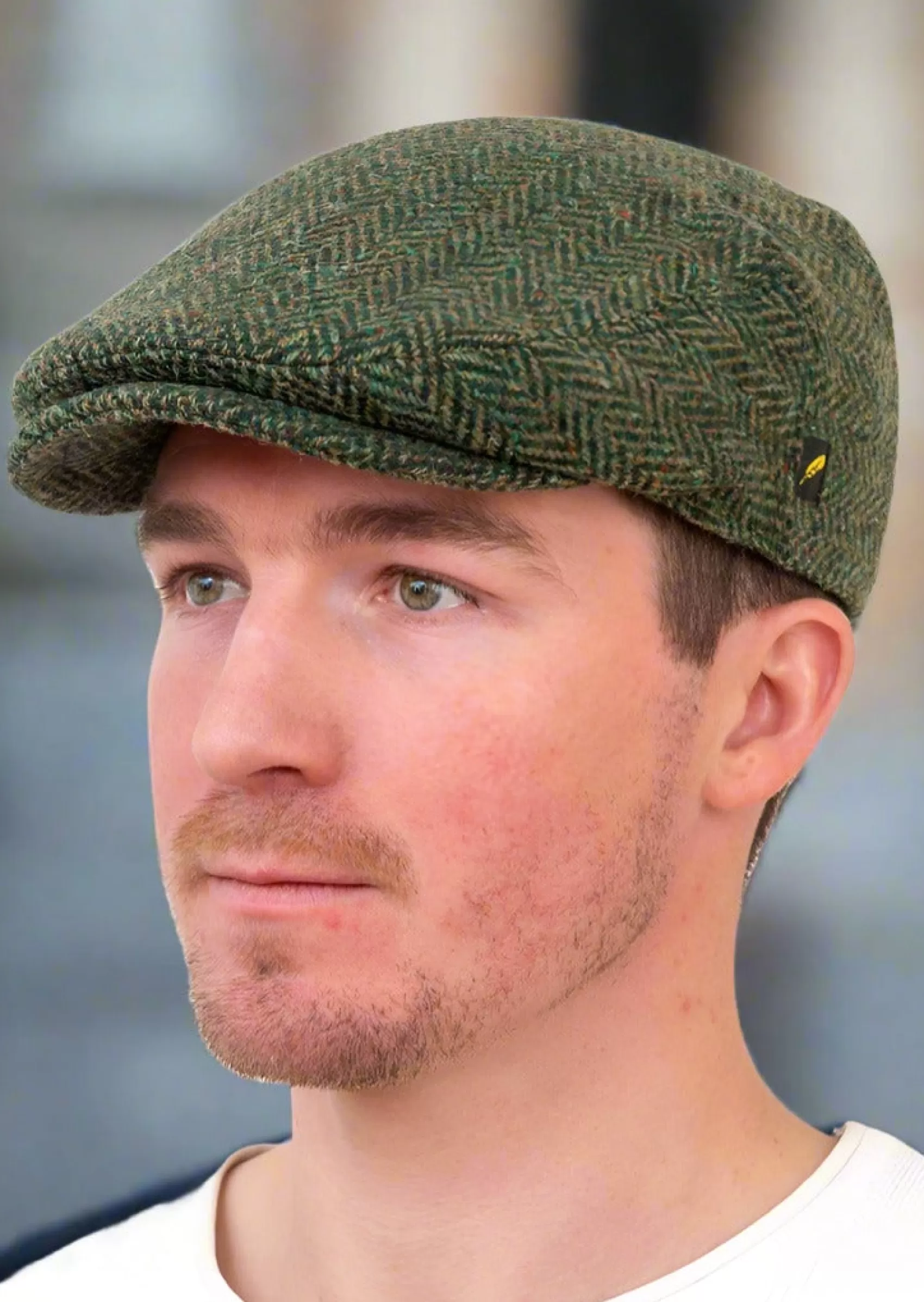 Traditional Hats^Hatman of Ireland Donegal Tweed Flat Cap | Green Herringbone