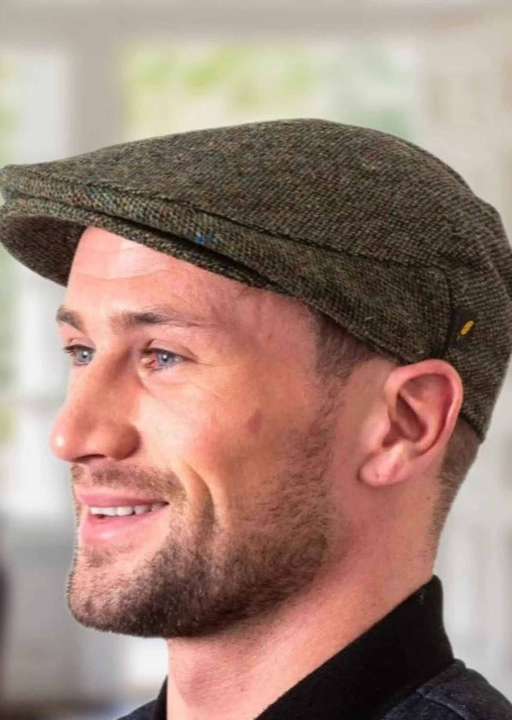 Traditional Hats^Hatman of Ireland Donegal Tweed Green Flat Cap - Salt & Pepper