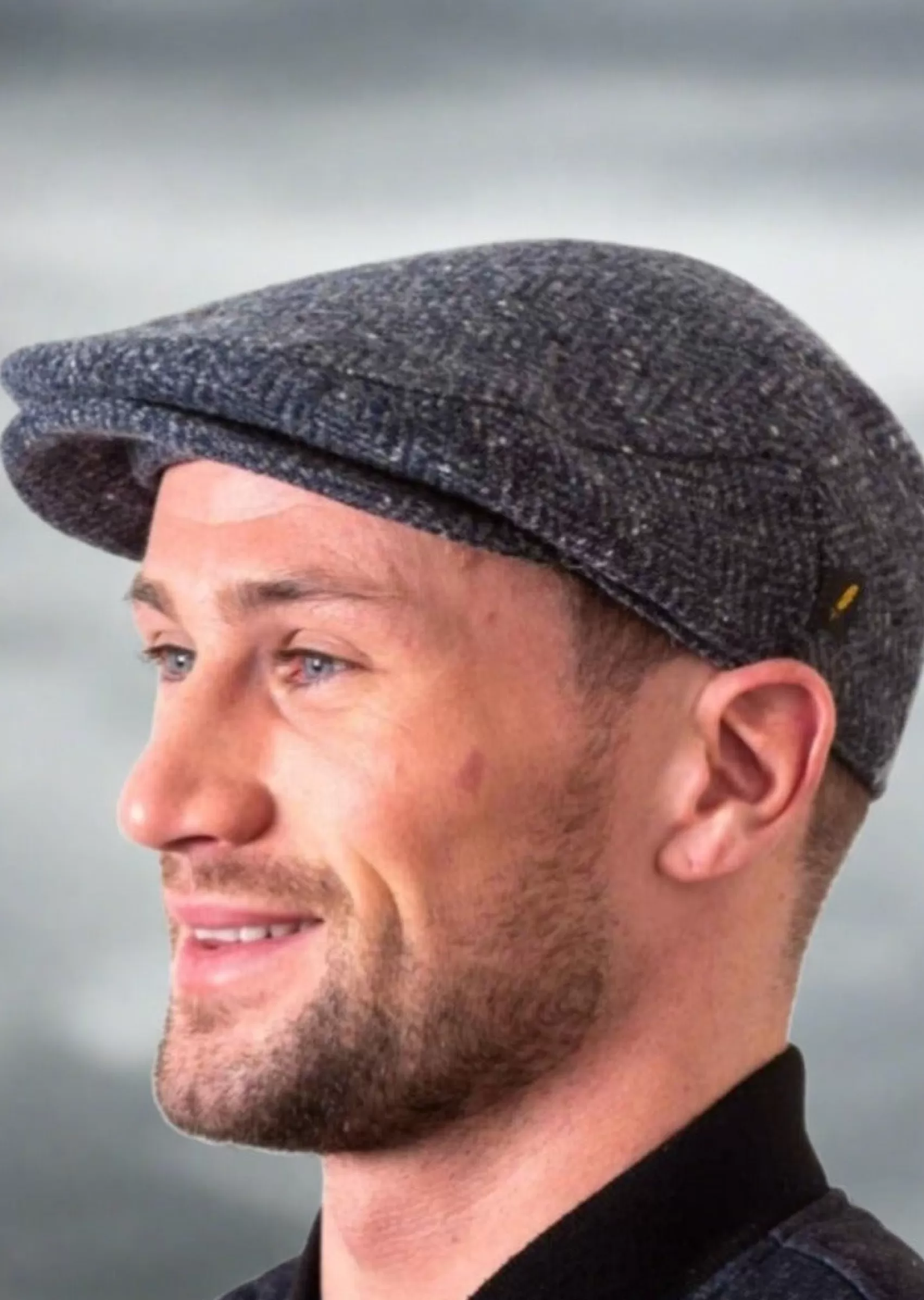 Traditional Hats^Hatman of Ireland Donegal Tweed Herringone Flat Cap - Blue Speck